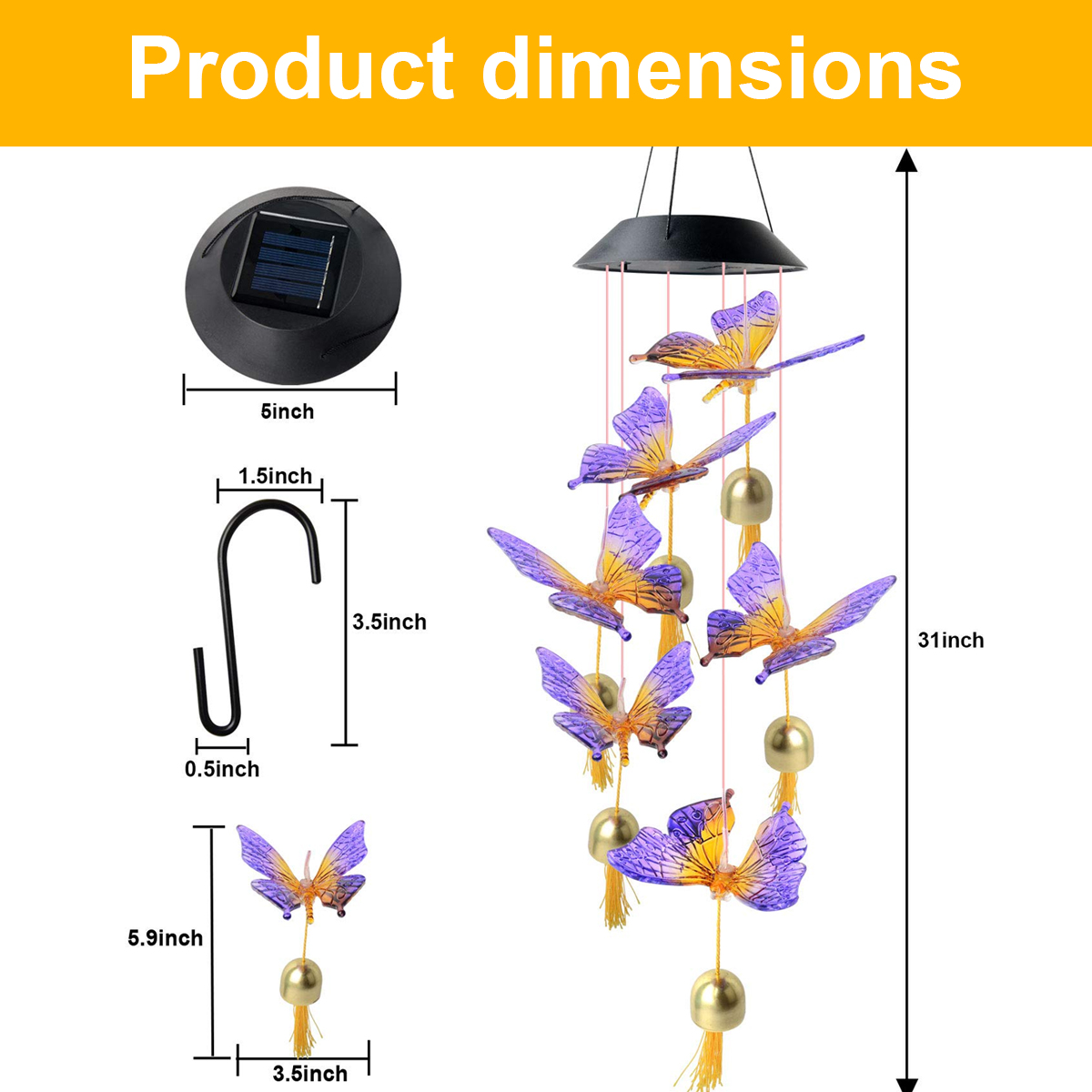 Windspiel mit Schmetterlingen und Maßen: Solarpanel 5 Zoll, Haken 3,5 Zoll, Gesamtlänge 31 Zoll.