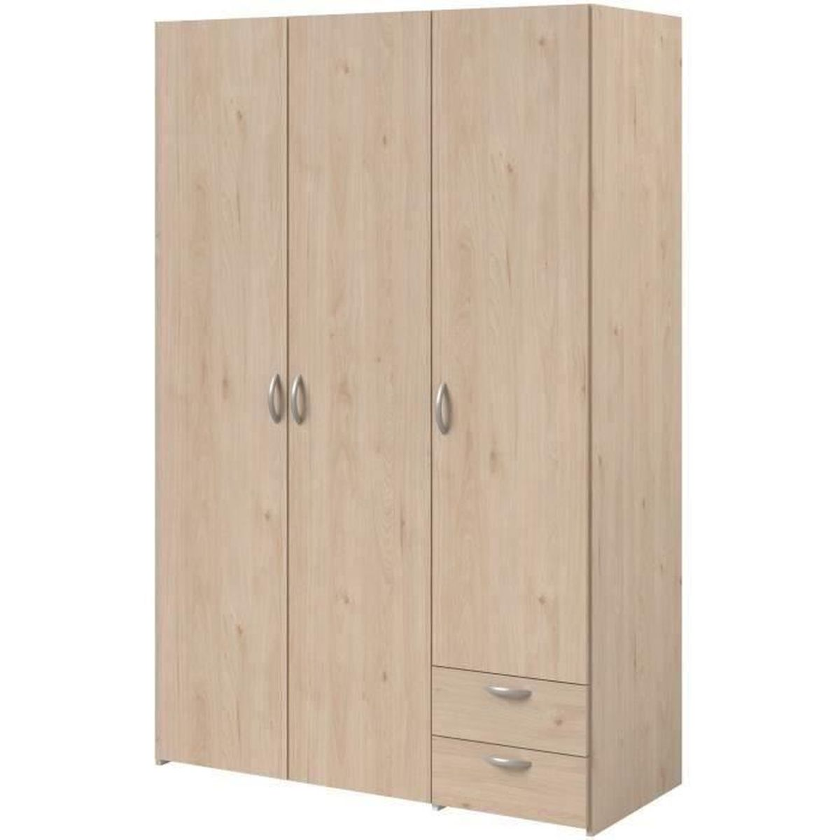 Ein heller Holzschrank mit drei Türen und zwei Schubladen.