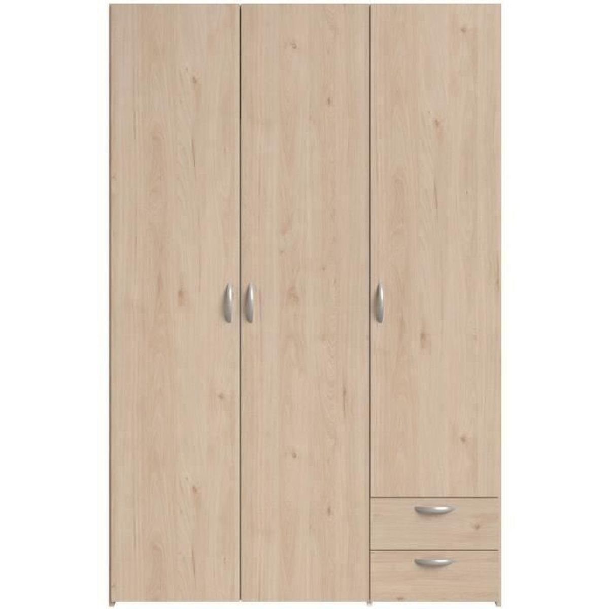 Ein heller Holzschrank mit drei Türen und zwei Schubladen unten.
