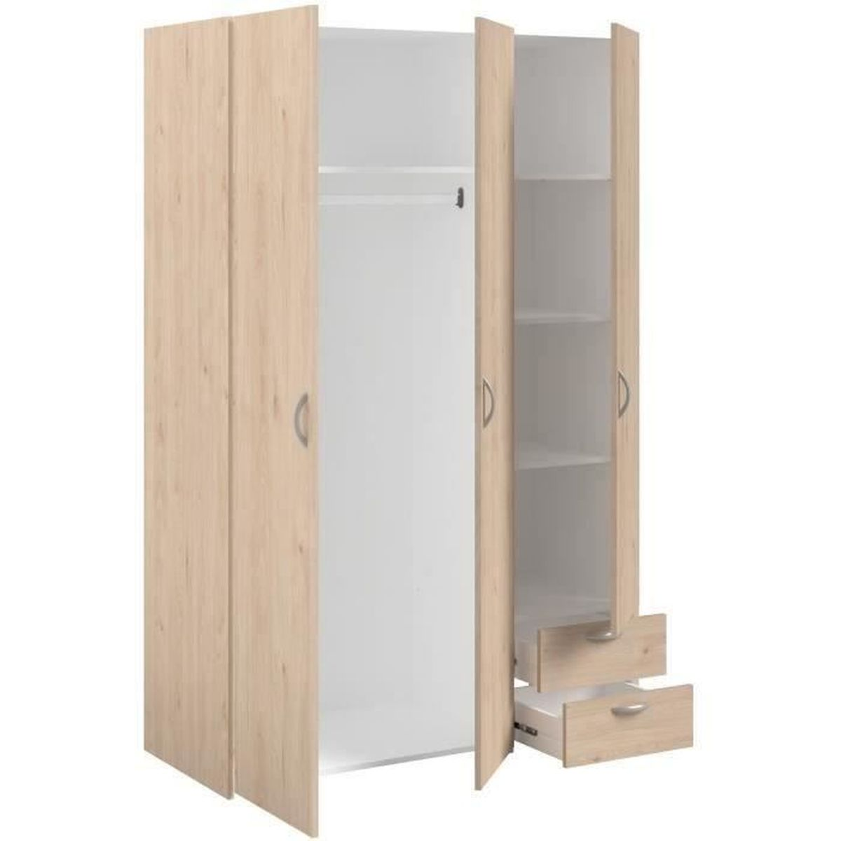 Ein heller Holzschrank mit drei Türen, Kleiderstange und Regalen.
