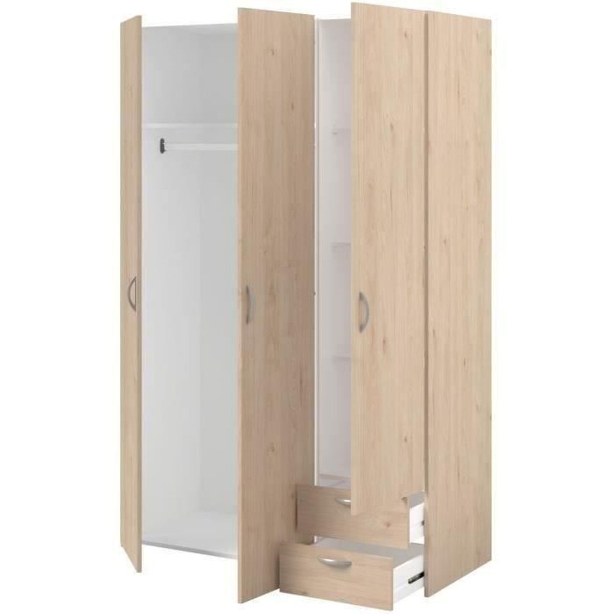 Ein weißer Kleiderschrank mit Holztüren und offenen Schubladen.