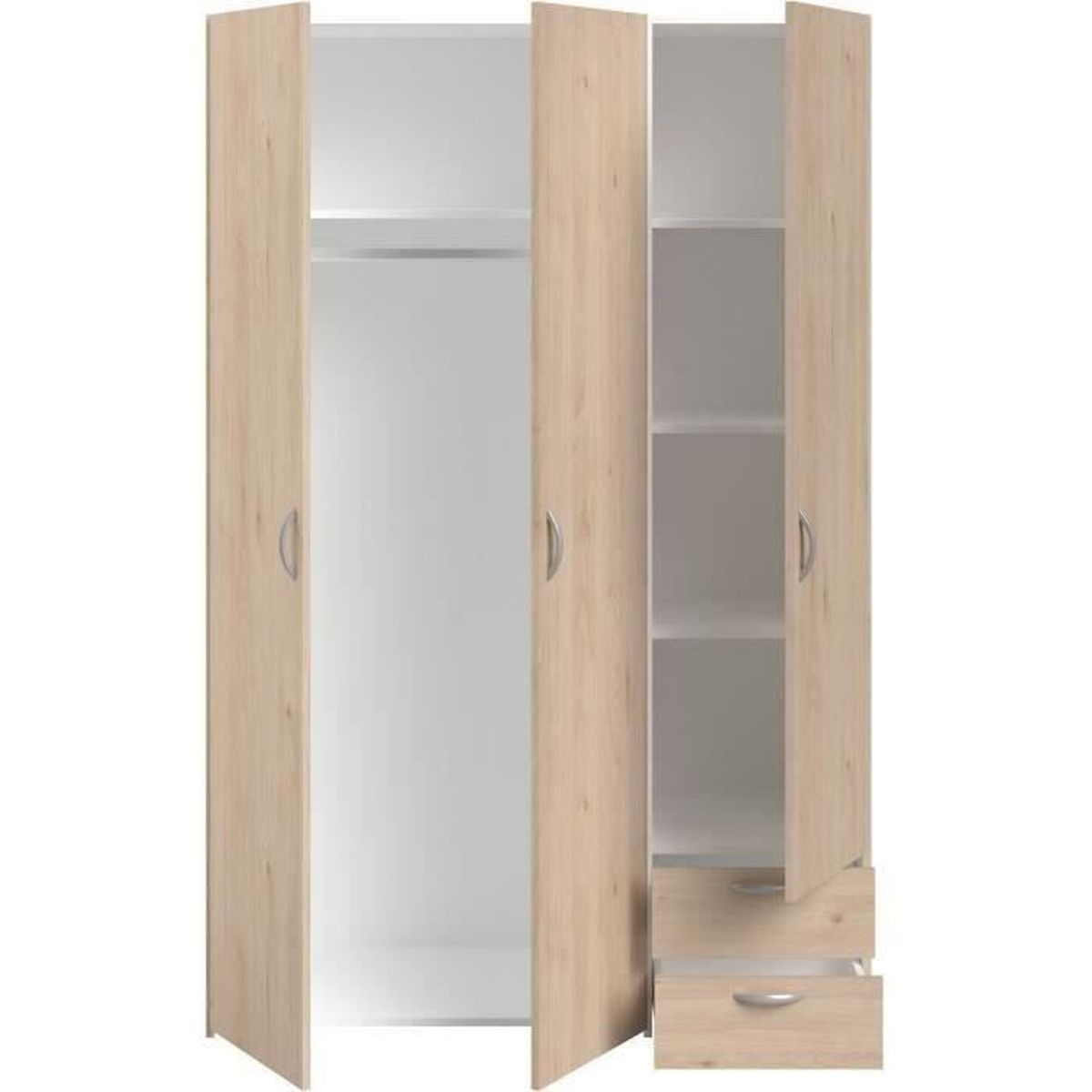 Ein heller Holzschrank mit drei offenen Türen, ein Regal und zwei Schubladen.
