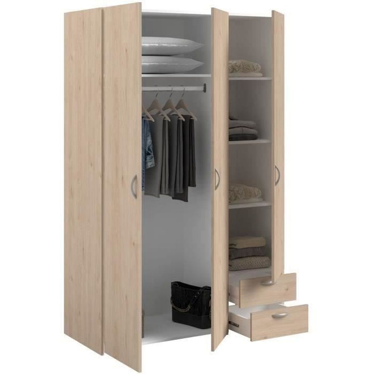 Ein heller Kleiderschrank mit drei Türen, gefüllt mit Kleidung und Kissen.