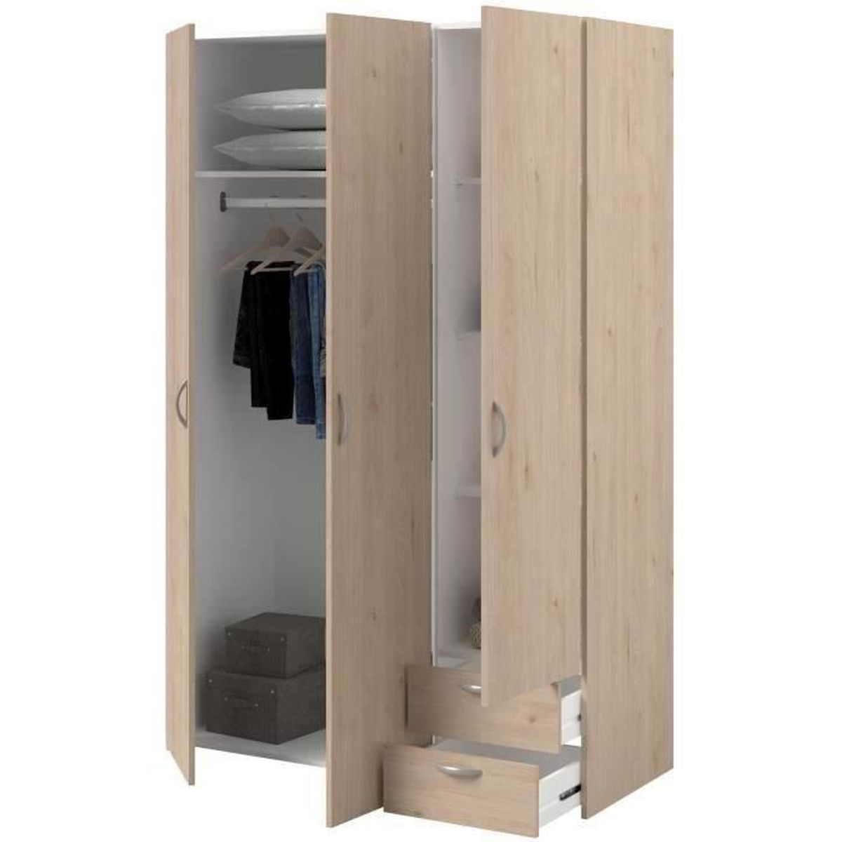 Ein offener Kleiderschrank mit Kleidung und Kisten.