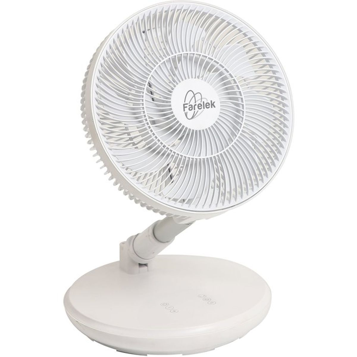 Een witte tafelventilator met flexibele zwanenhals en ronde voet.