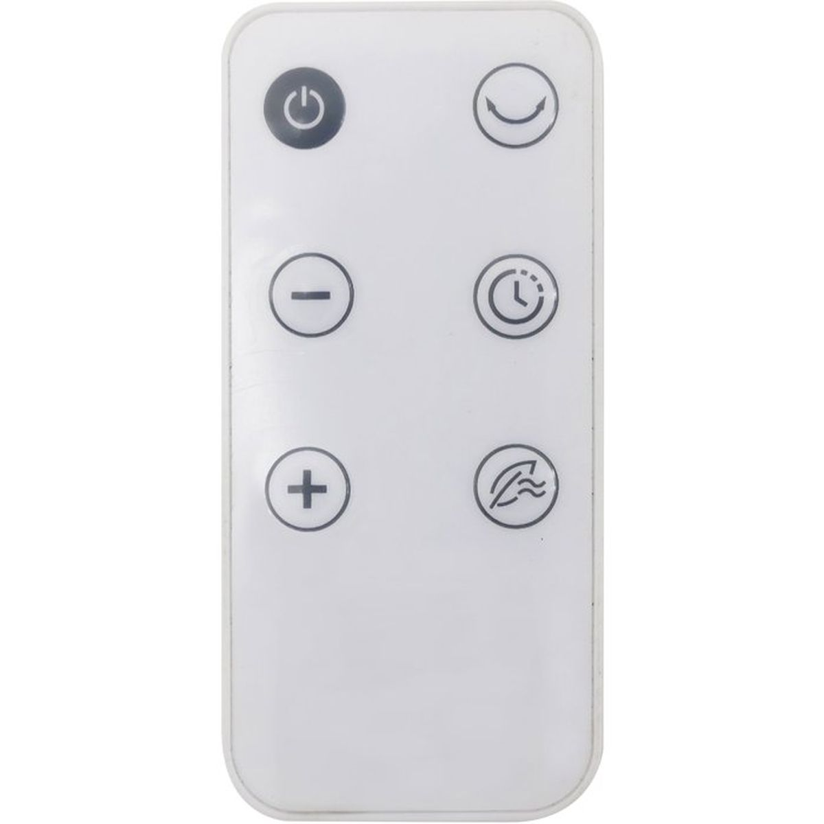 Een witte afstandsbediening met zes knoppen: aan/uit, ventilator, min, timer, plus, wind.