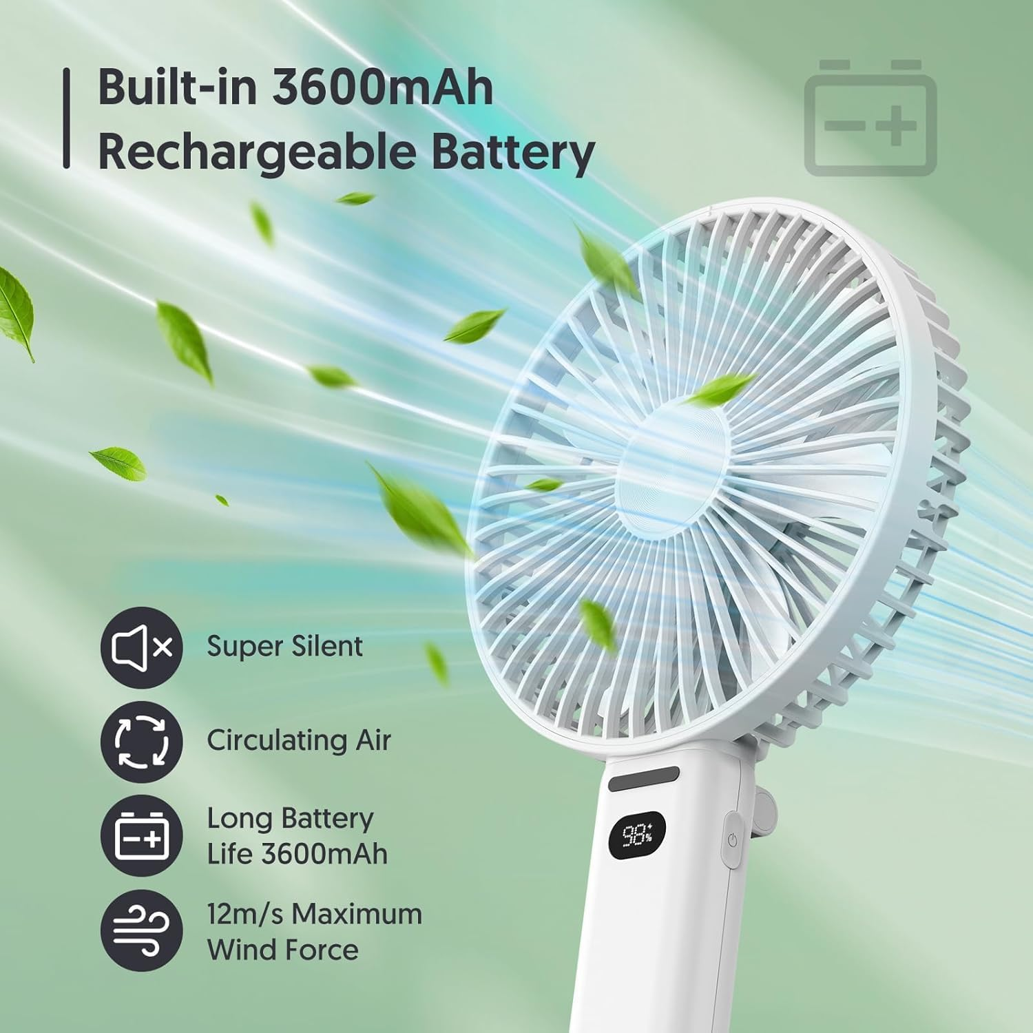 Ein weißer Ventilator mit 3600mAh Akku, der 12m/s Windkraft erzeugt.
