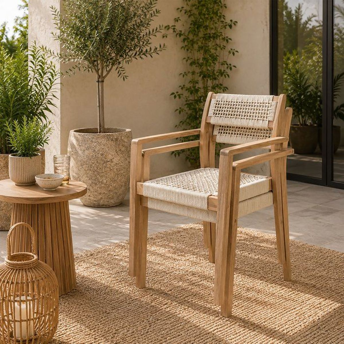 Ein Holzstuhl mit gewebter Sitzfläche und Rückenlehne steht draußen auf einem Jute-Teppich.