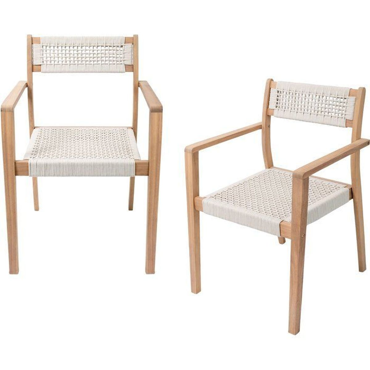 Zwei Holzstühle mit weißer Seilbespannung für Sitzfläche und Rückenlehne.