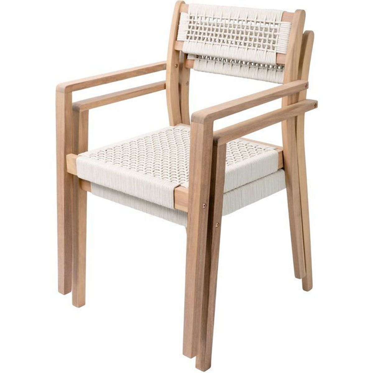 Ein Holzstuhl mit weißem Seilgeflecht für Sitz und Rückenlehne, auf weißem Hintergrund.