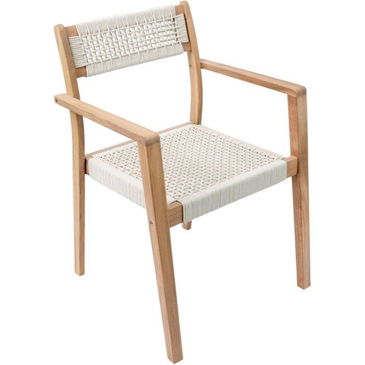 Ein hölzerner Stuhl mit weißem Seilgeflecht für Sitz und Rückenlehne.