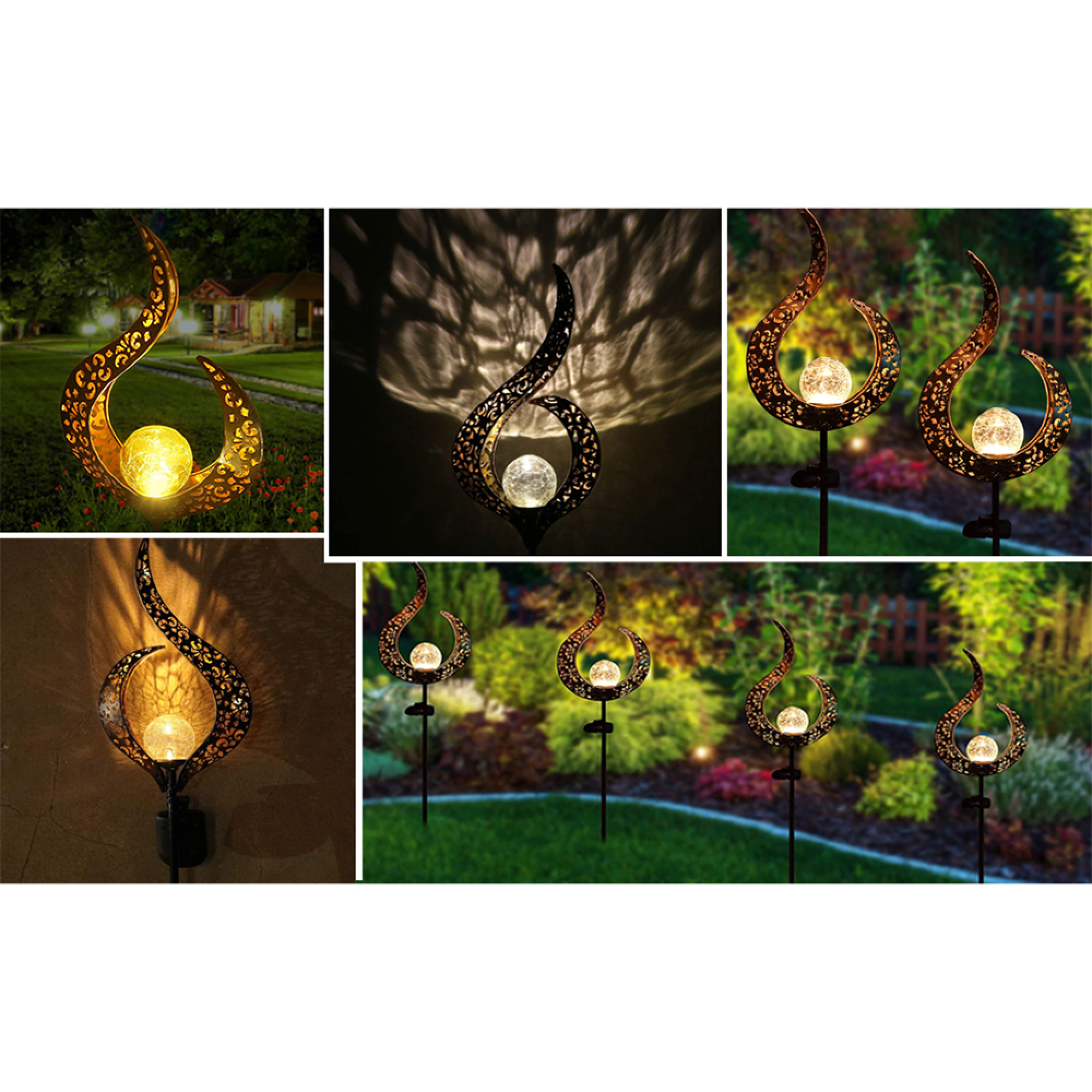 Dekorative Solarleuchten mit Flammenmuster und Glaskugel im Garten bei Nacht.