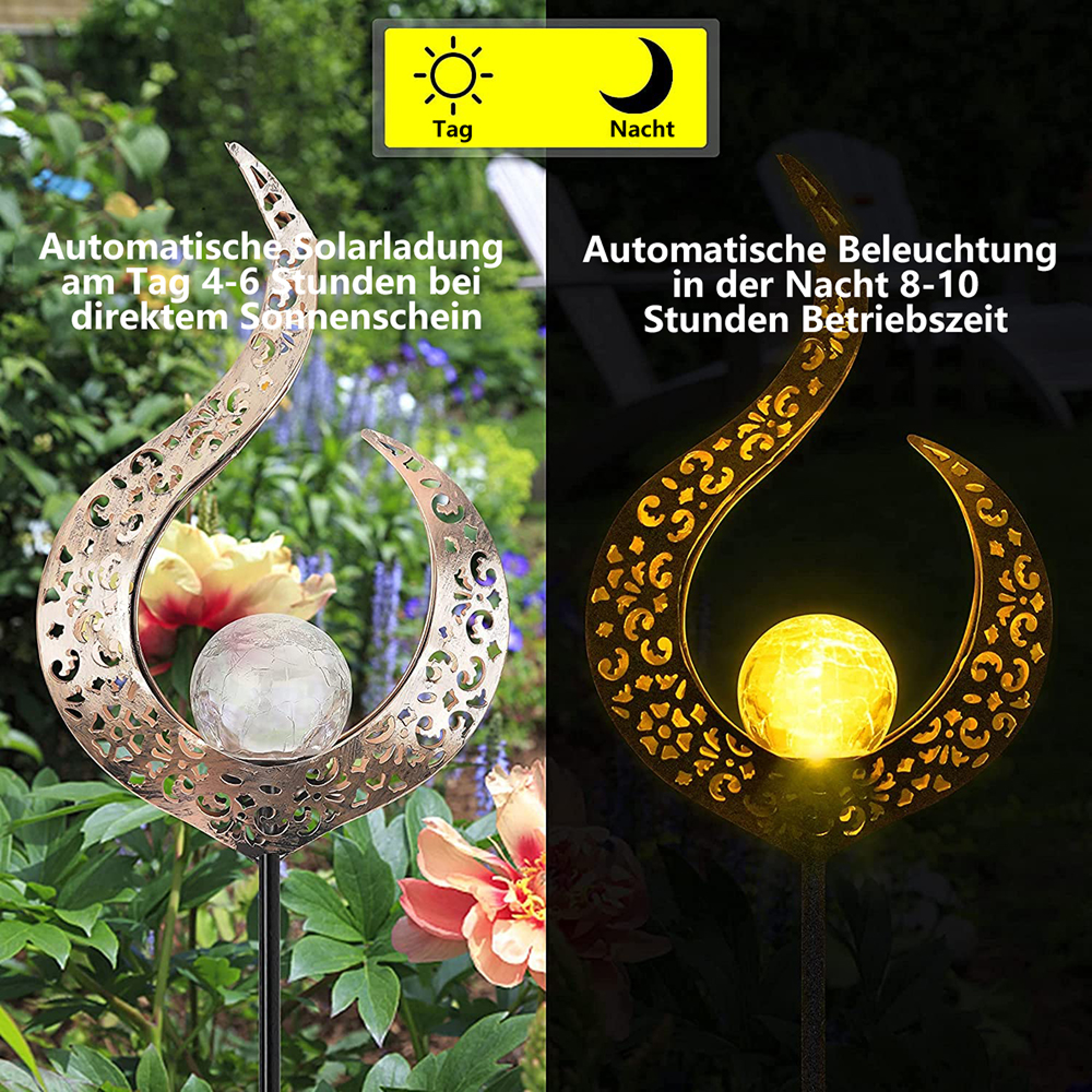Solarlampe im Garten: tagsüber lädt sie, nachts leuchtet sie.