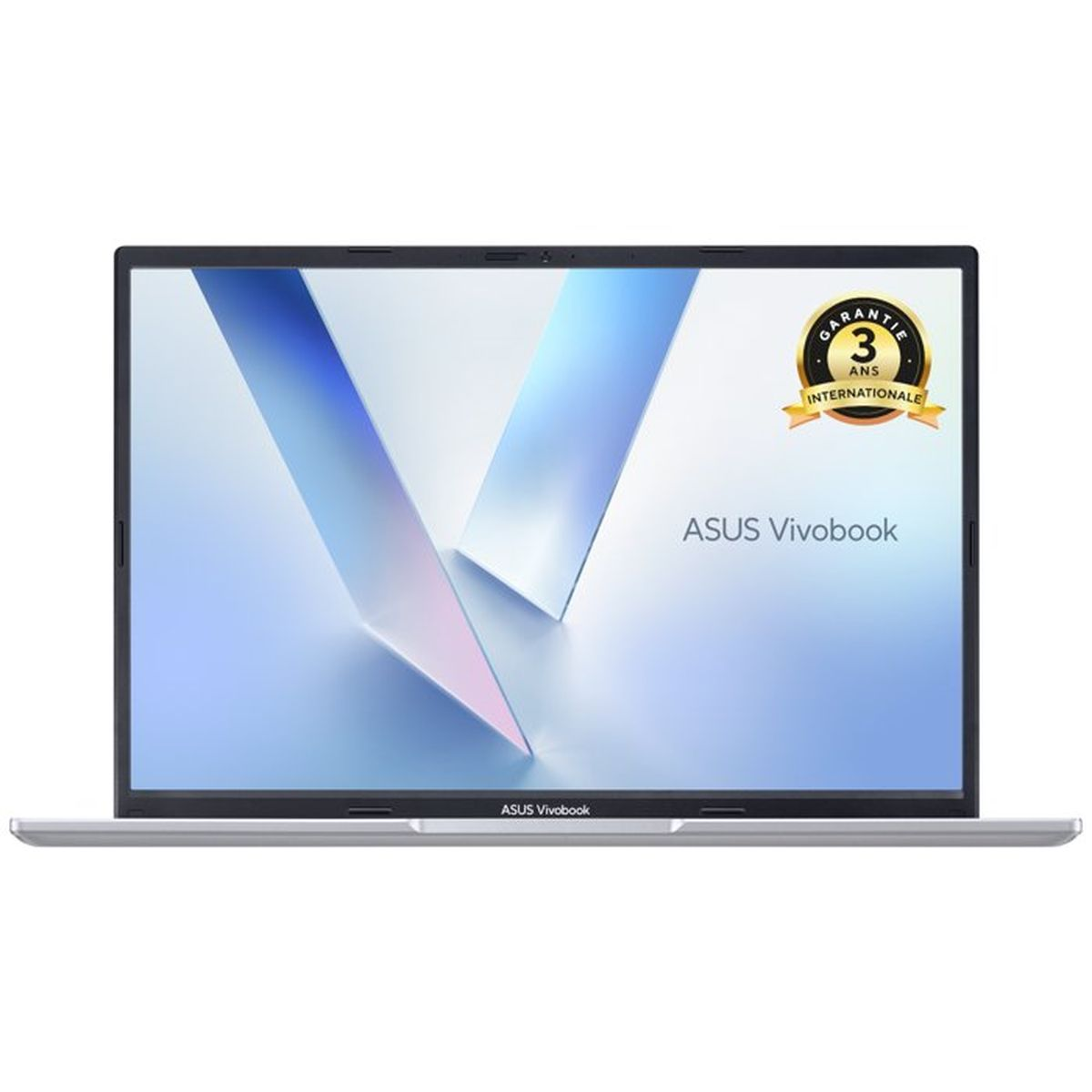 Silberner ASUS Vivobook Laptop mit 3-Jahres-Garantie-Aufkleber.