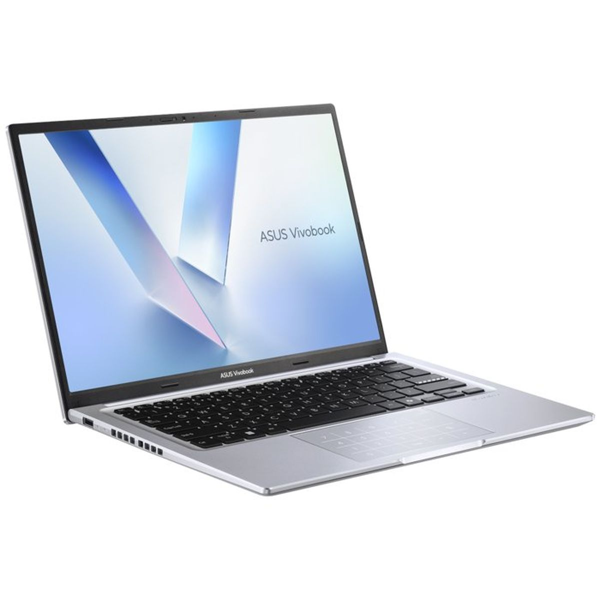 Ein silberner Asus Vivobook Laptop mit beleuchteter Tastatur ist geöffnet.