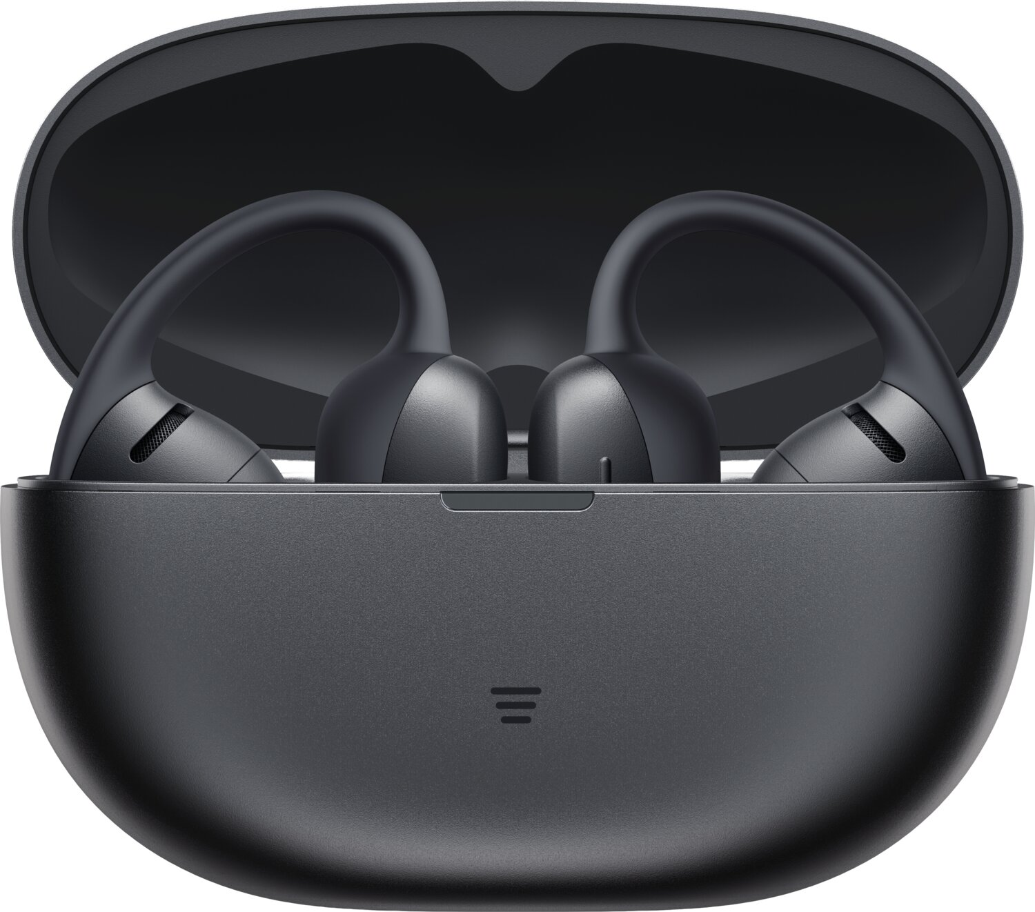 Auricolari neri wireless all'interno di una custodia di ricarica aperta.