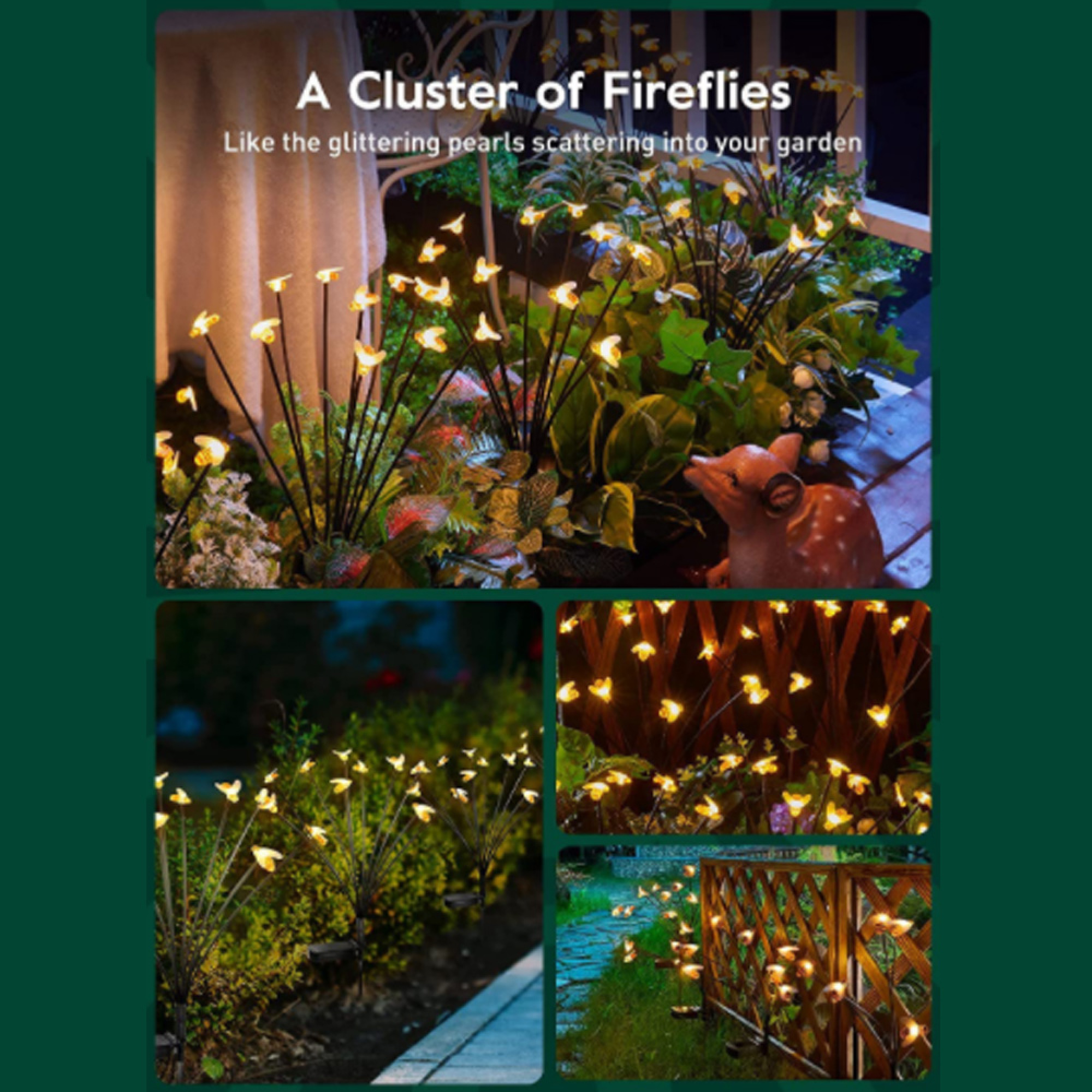 Gartenlichter in Form von Glühwürmchen leuchten auf dunklen Stielen.