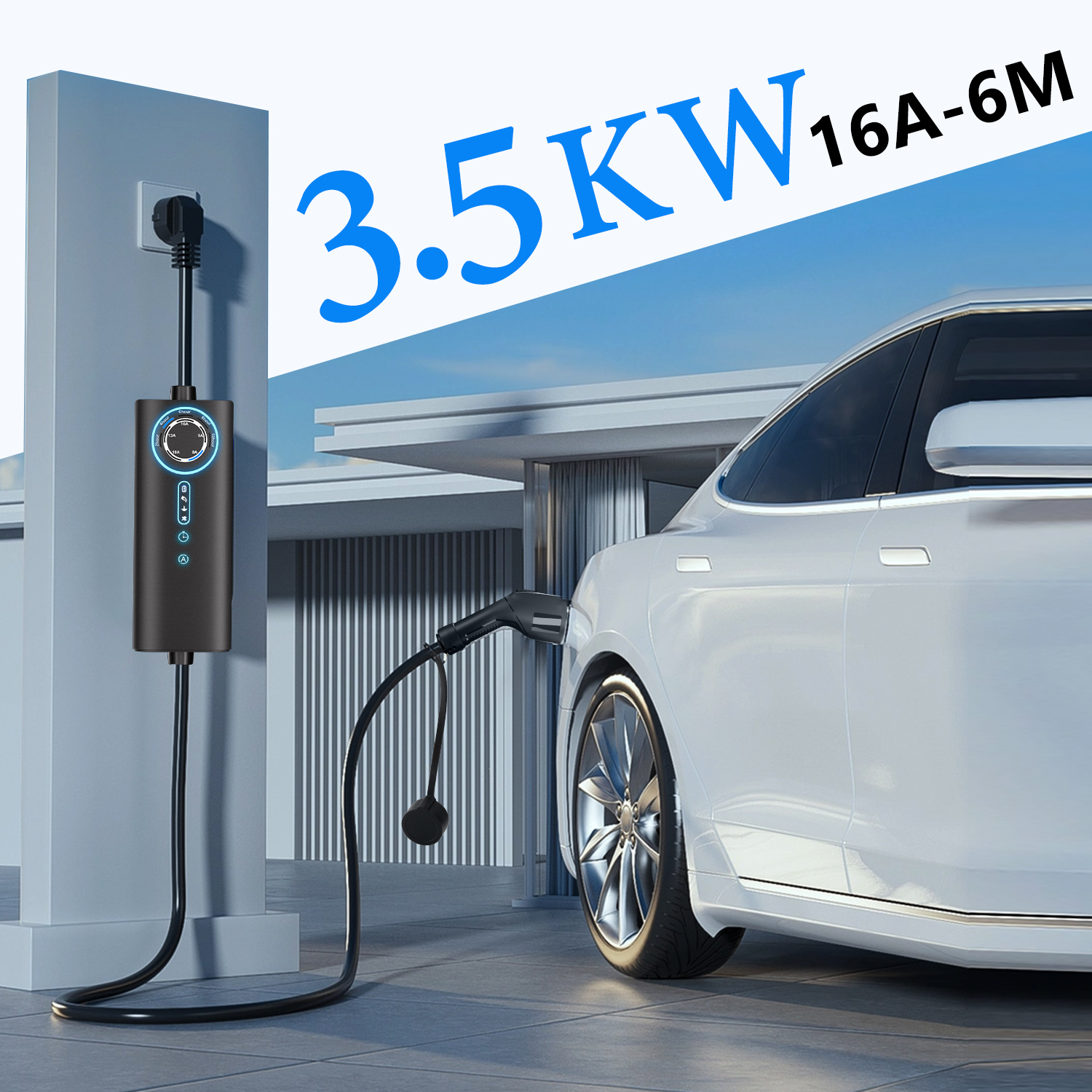 Biały samochód elektryczny ładuje się na stacji ładowania. Tekst: 3,5KW 16A-6M.