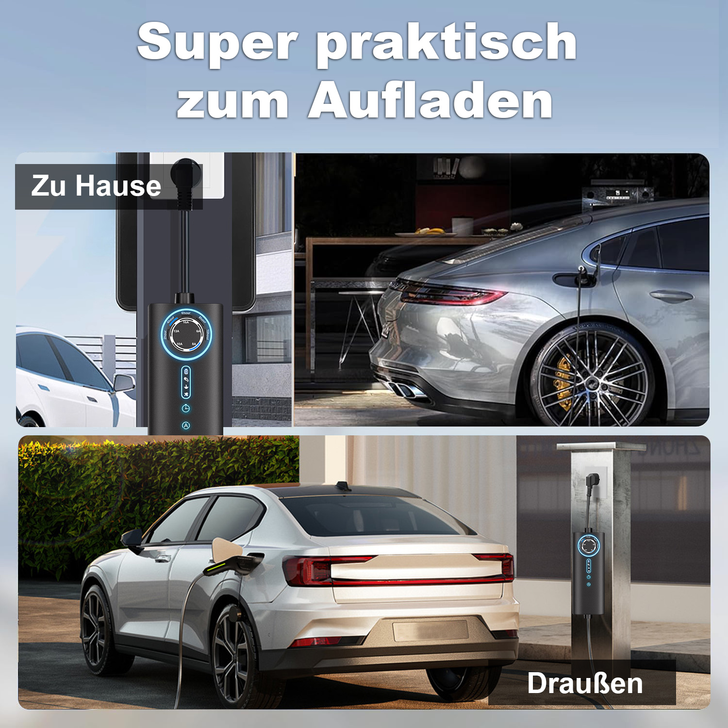 Elektroautos werden zu Hause und draußen geladen. Ein Ladecontroller ist zu sehen.