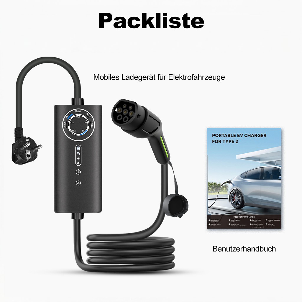 Schwarzes E-Auto Ladegerät mit Kabel, Stecker und Handbuch.