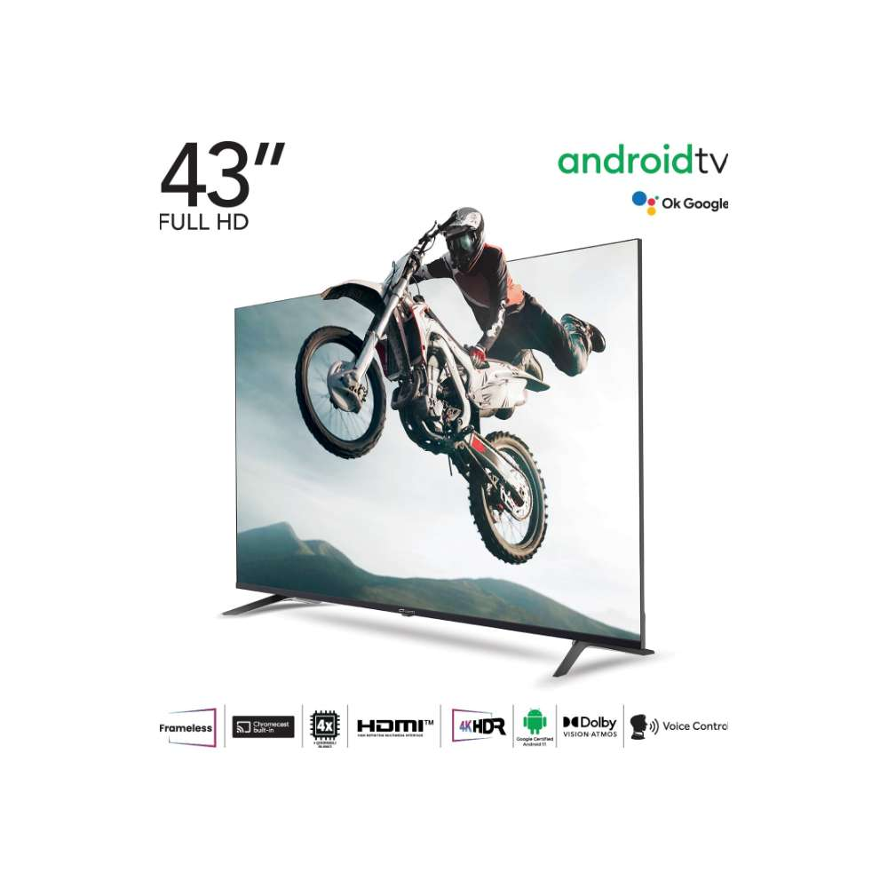 43" Full HD Android TV, ekrana atlayan bir motokrosçu ile.