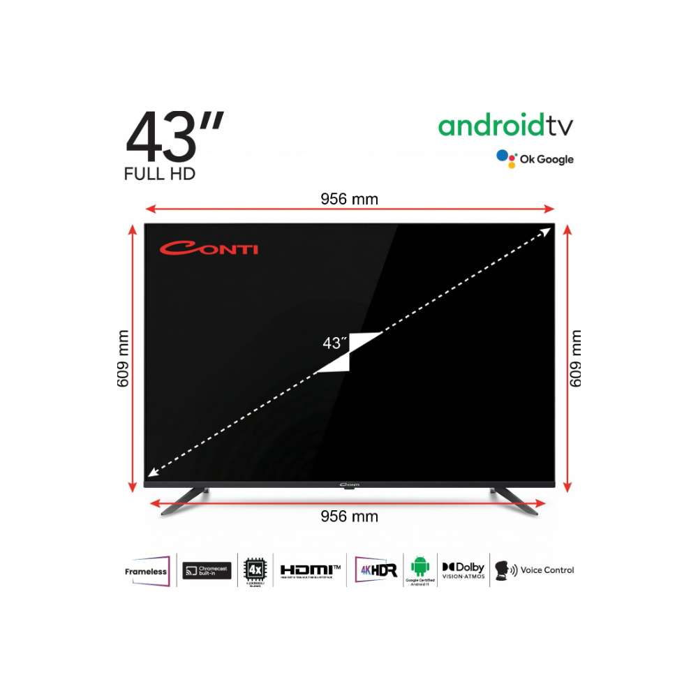 Android TV ve Google Asistanlı 43 inç Full HD TV. Boyutlar: 956x609 mm.