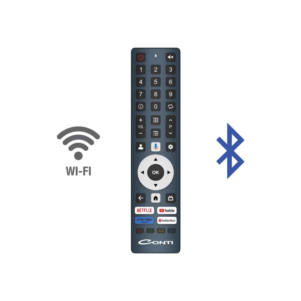 Wi-Fi ve Bluetooth simgeli uzaktan kumanda. Sayılar, Netflix, YouTube tuşları.