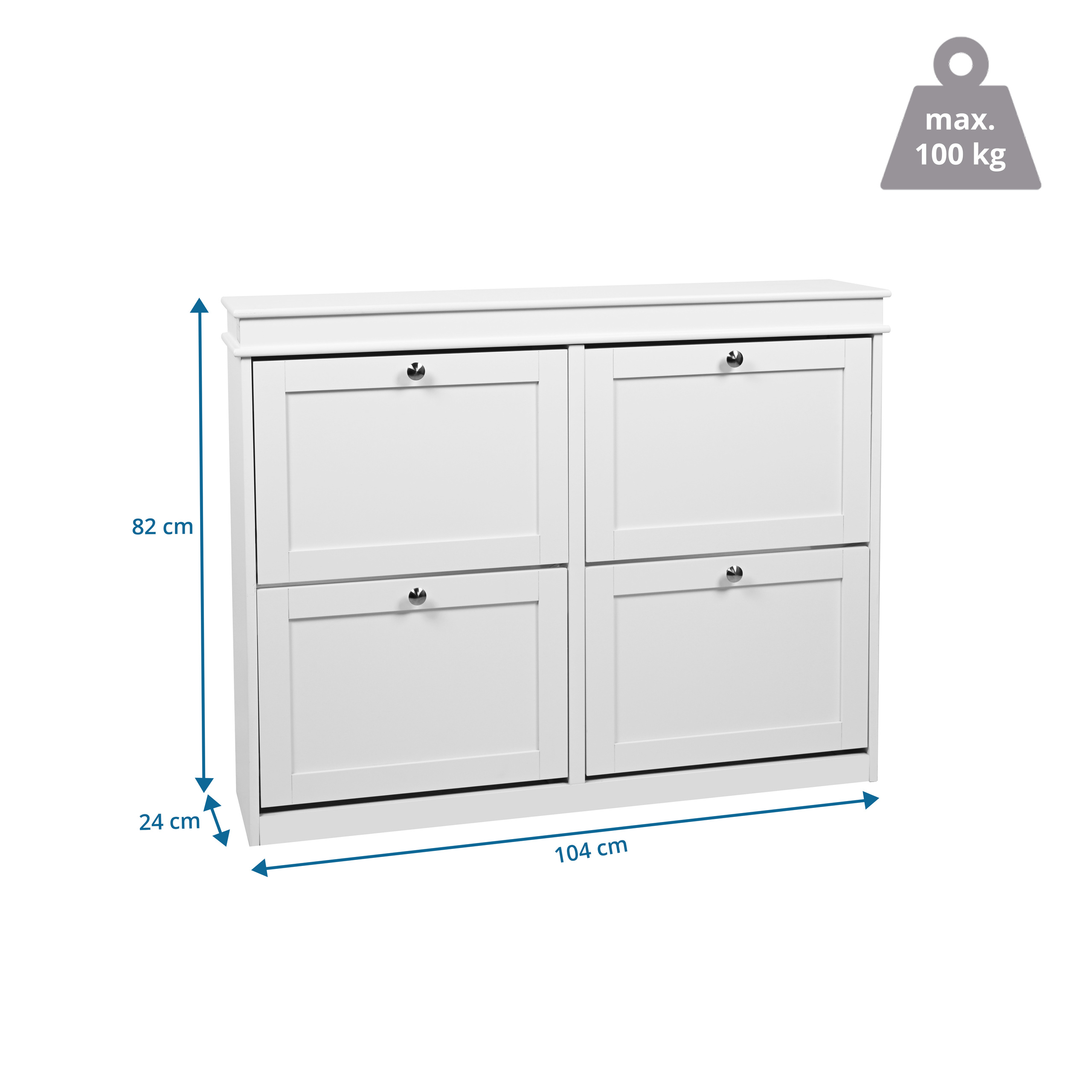Ein weißer Schuhschrank mit vier Klapptüren, H: 82cm, B: 104cm, T: 24cm.