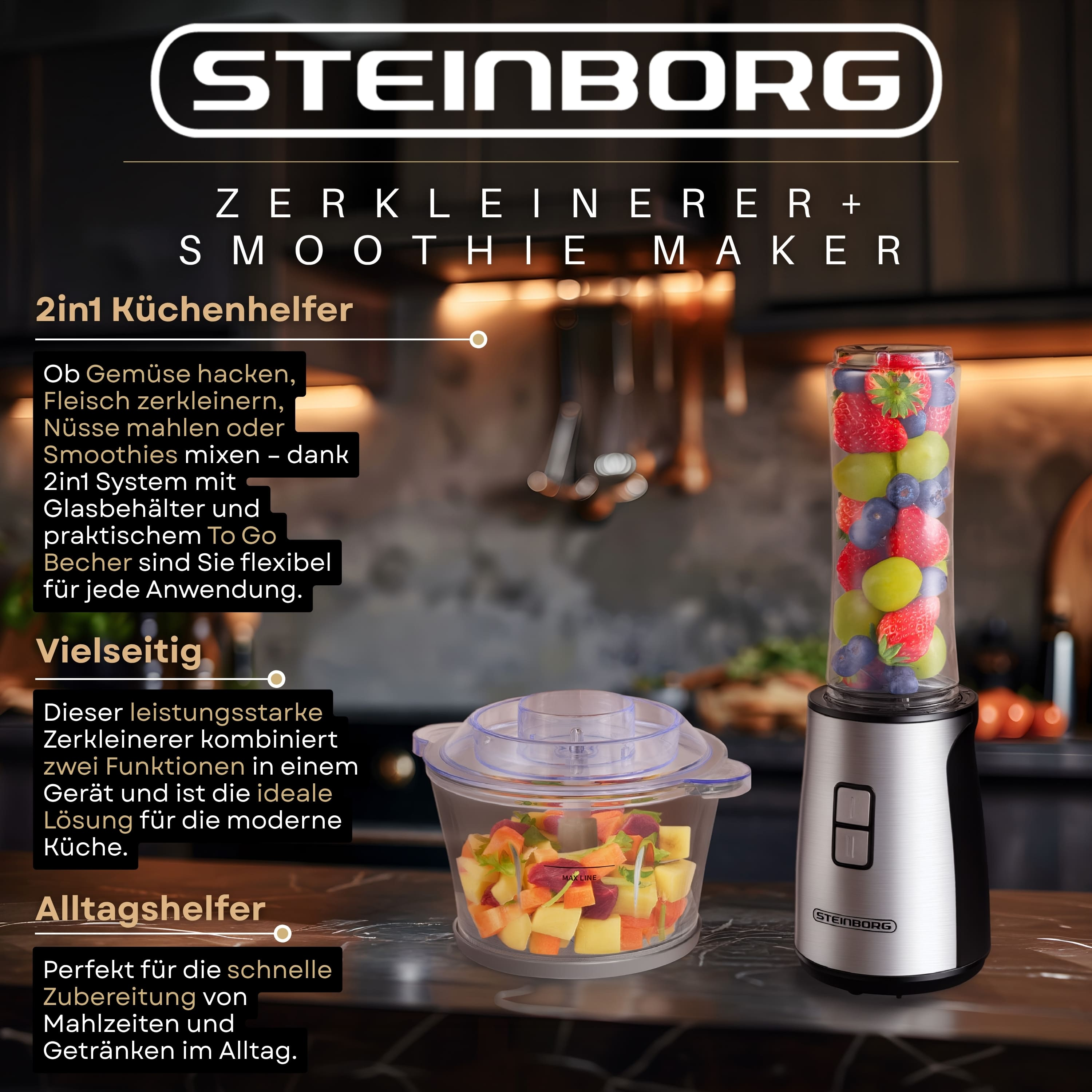 Ein Steinborg Zerkleinerer mit Obst- und Gemüsebehälter auf einer Marmoroberfläche.