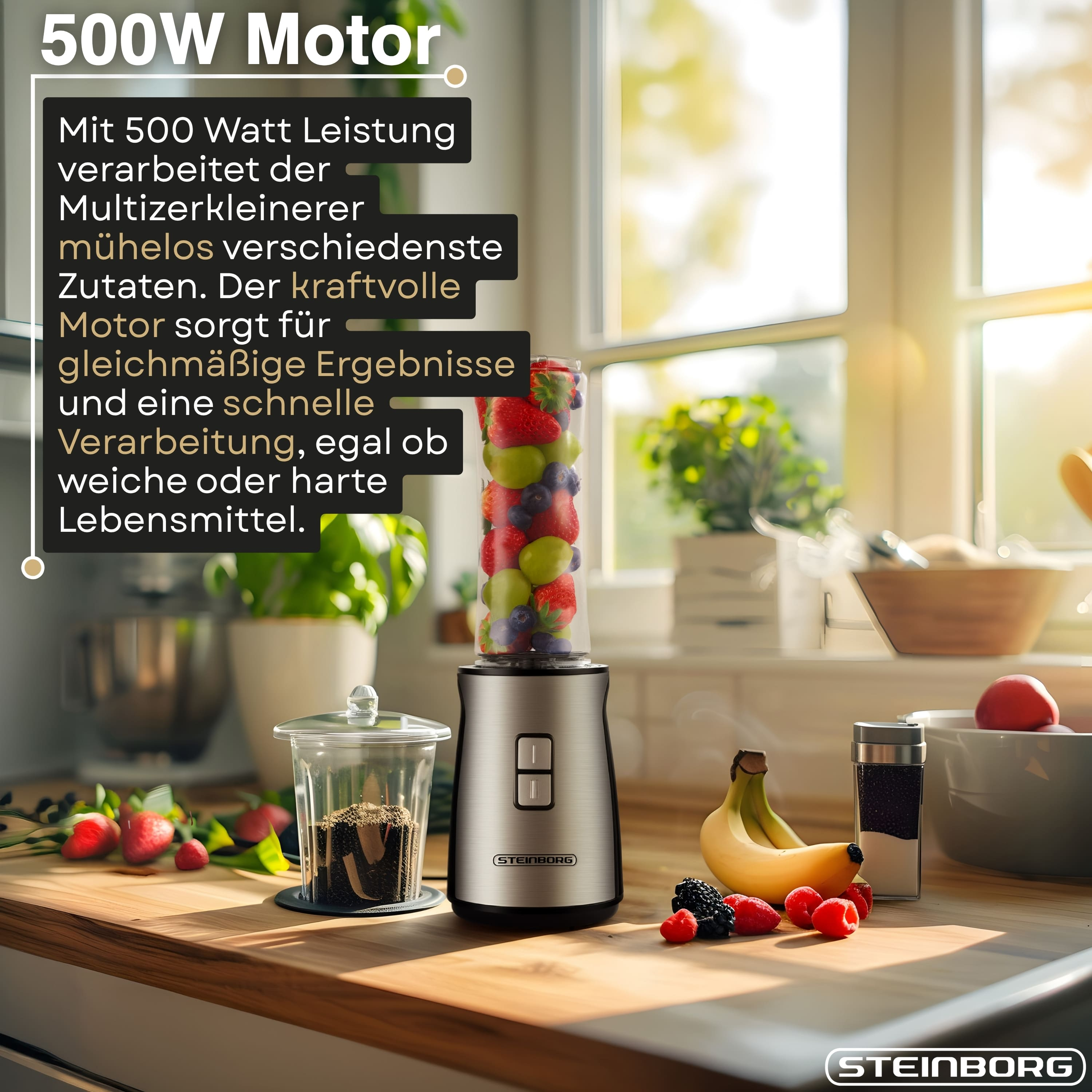 Ein silberner Steinborg-Mixer mit Obst im Krug, auf einer Holztheke mit Beeren und Bananen.