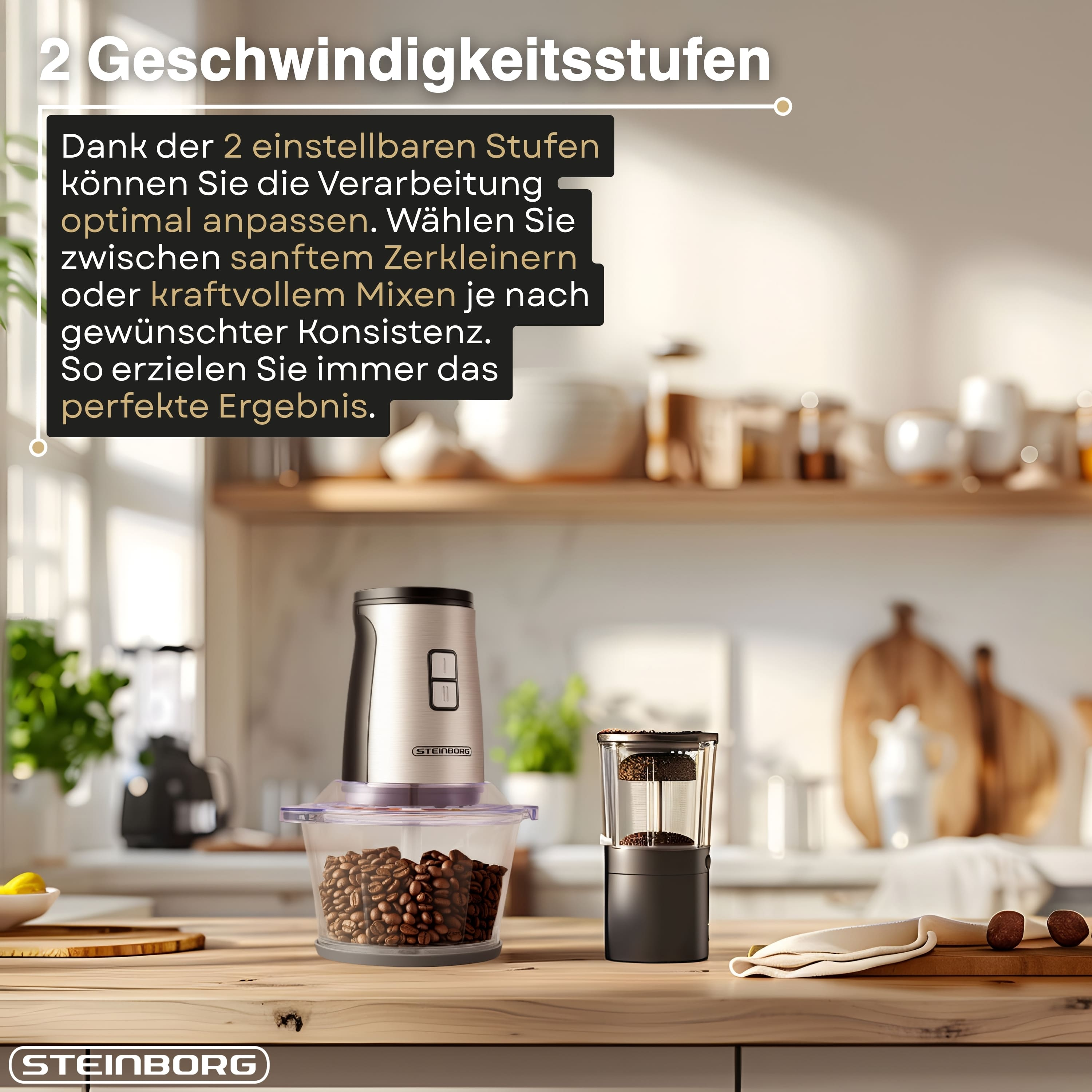Edelstahl-Kaffeemühle mit zwei Geschwindigkeitsstufen auf Holzküchentheke.