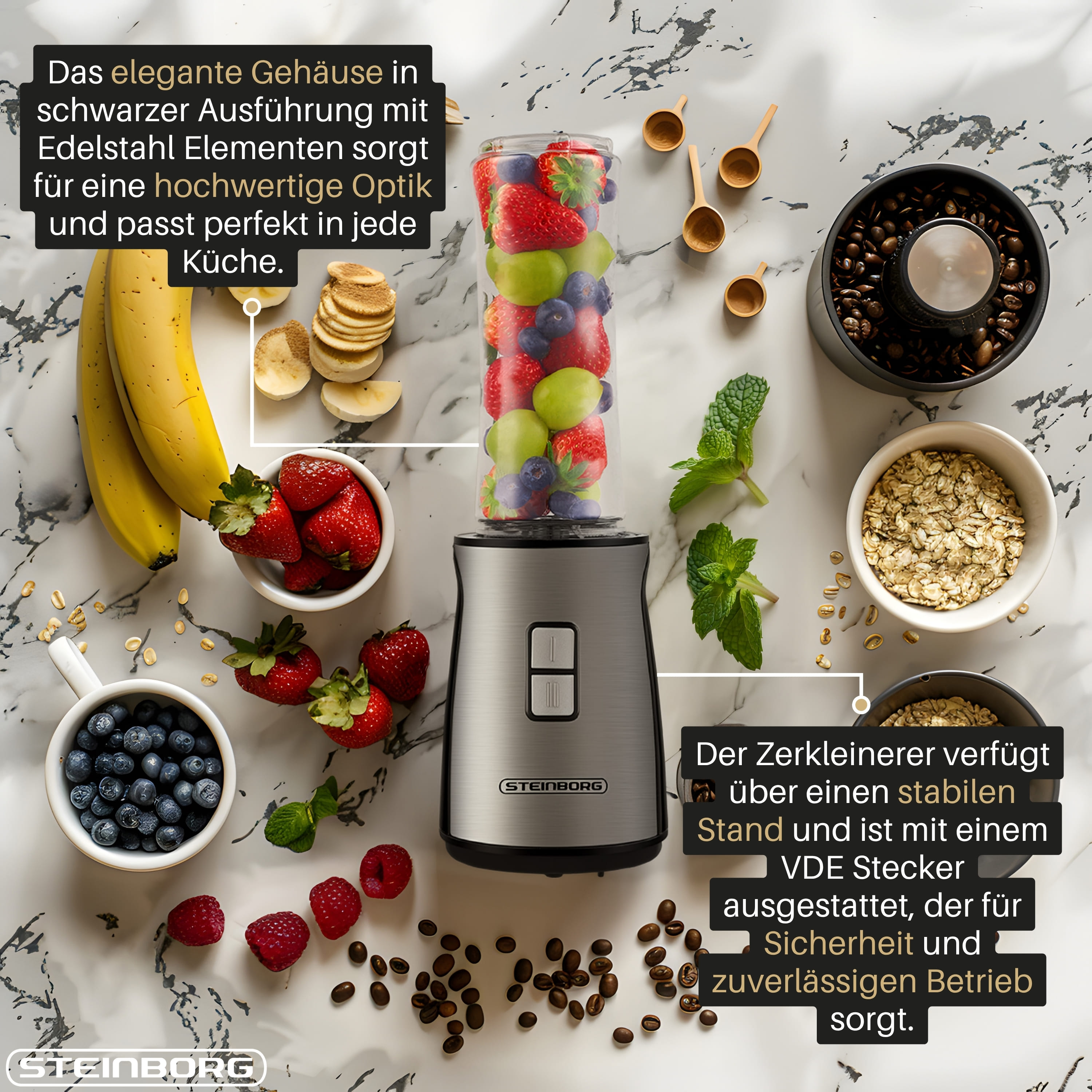 Edelstahl-Zerkleinerer mit Früchten, Kaffee, Haferflocken und Bananen.