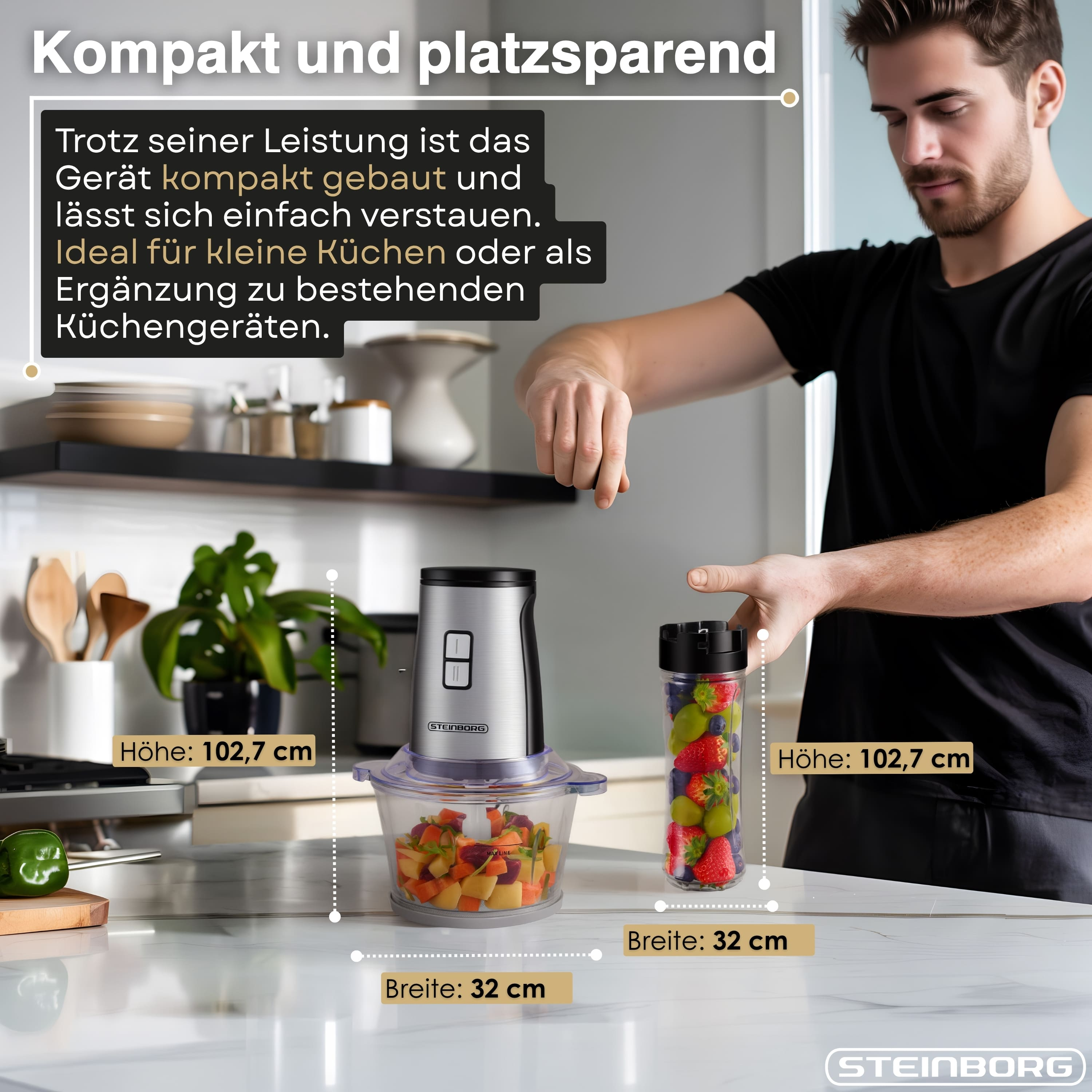 Kompakter Küchenmixer mit Obst und Gemüse, Breite 32 cm, Höhe 102,7 cm.
