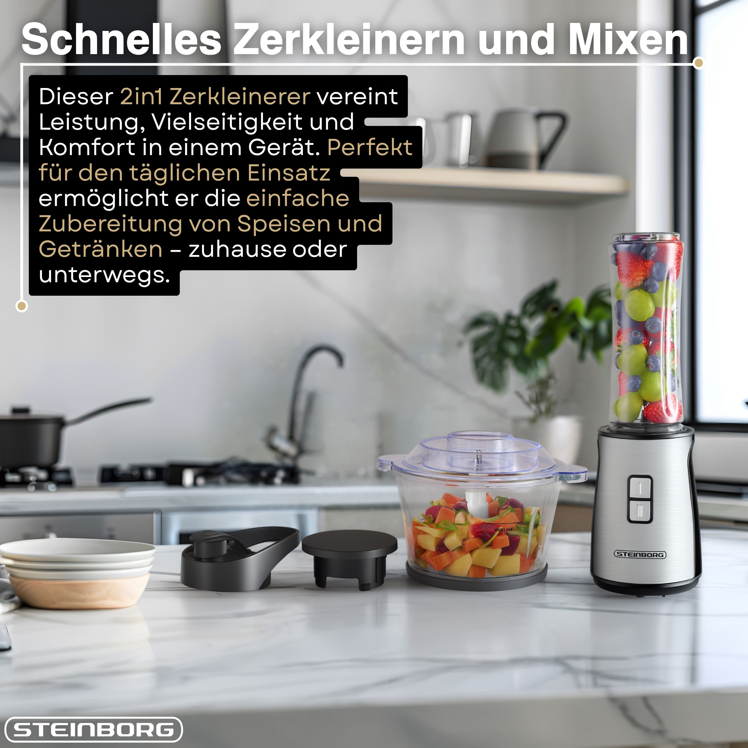 Ein silberner 2-in-1-Zerkleinerer steht auf einer Marmorarbeitsplatte neben einem Chopper mit Obst.
