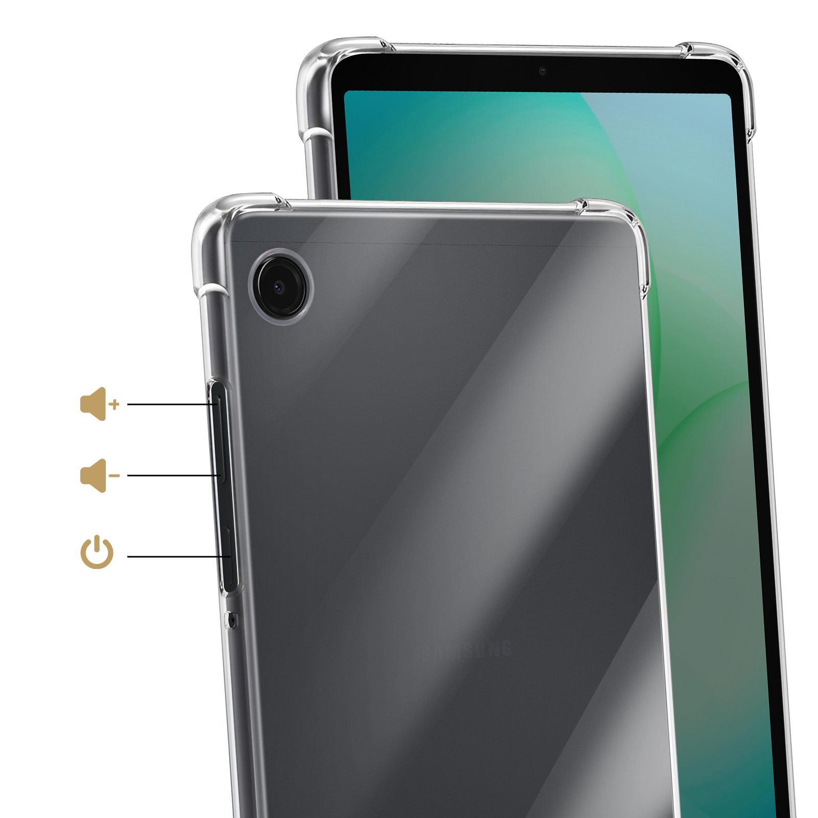 Rückseite eines transparenten Schutzhülle für ein Tablet mit Kameramodul.