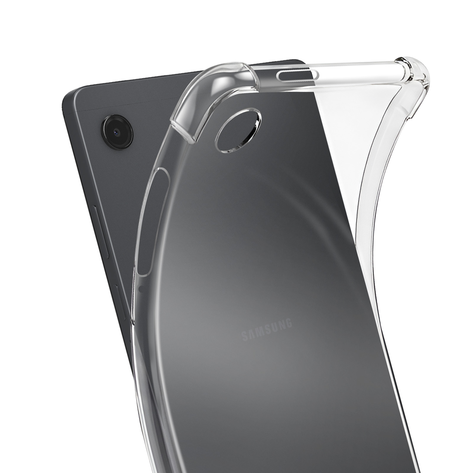 Eine transparente Hülle ist über einem dunklen Tablet angebracht, die Kameralinse und das Samsung-Logo zeigt.