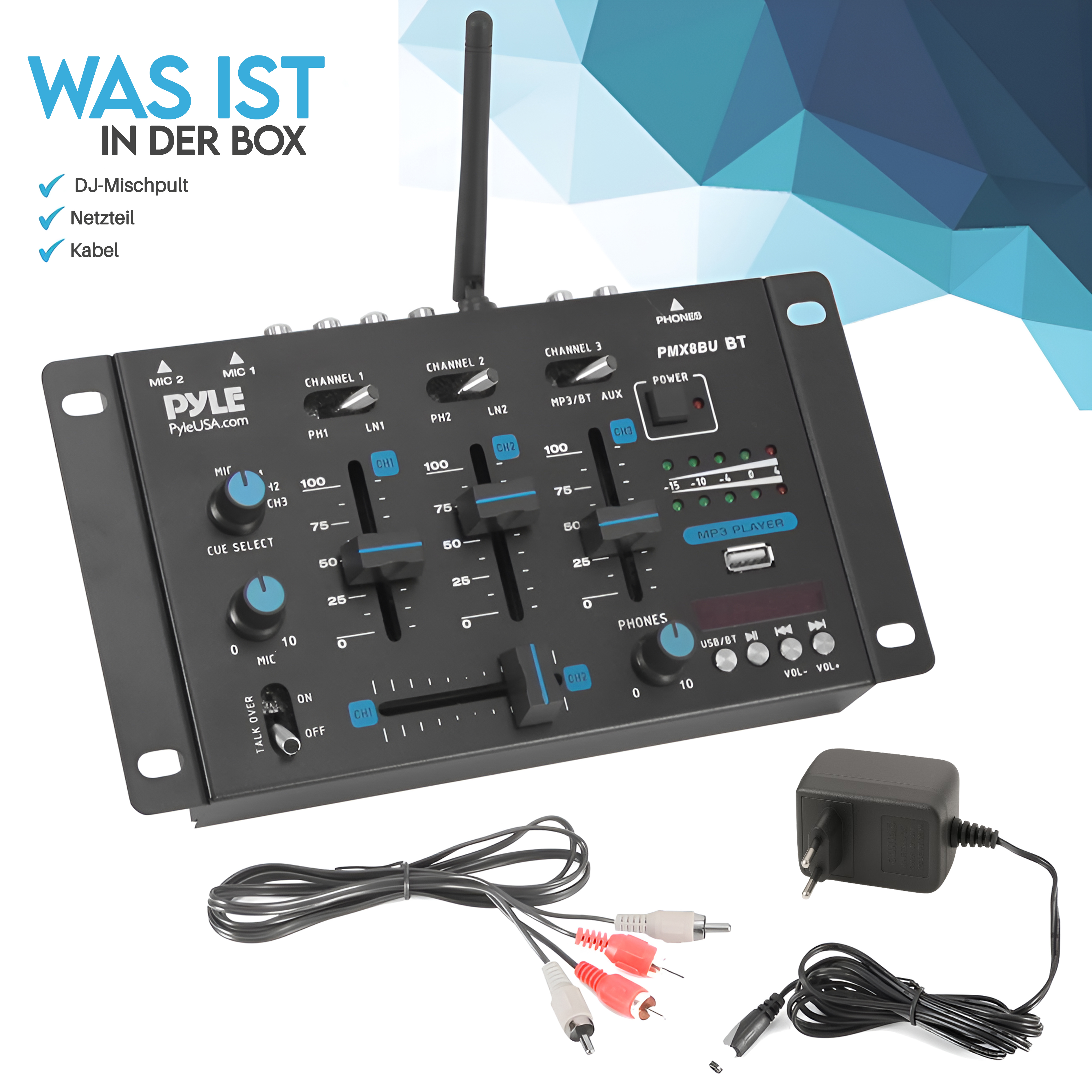 Pyle DJ-Mischpult mit Netzteil und Kabeln auf weißem Hintergrund.