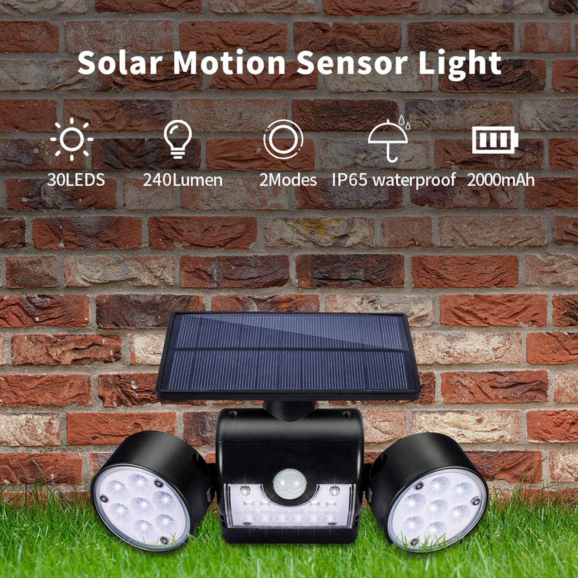 Solar-Bewegungsmelder-Leuchte mit Solarpanel, zwei Scheinwerfern und roter Ziegelwand.