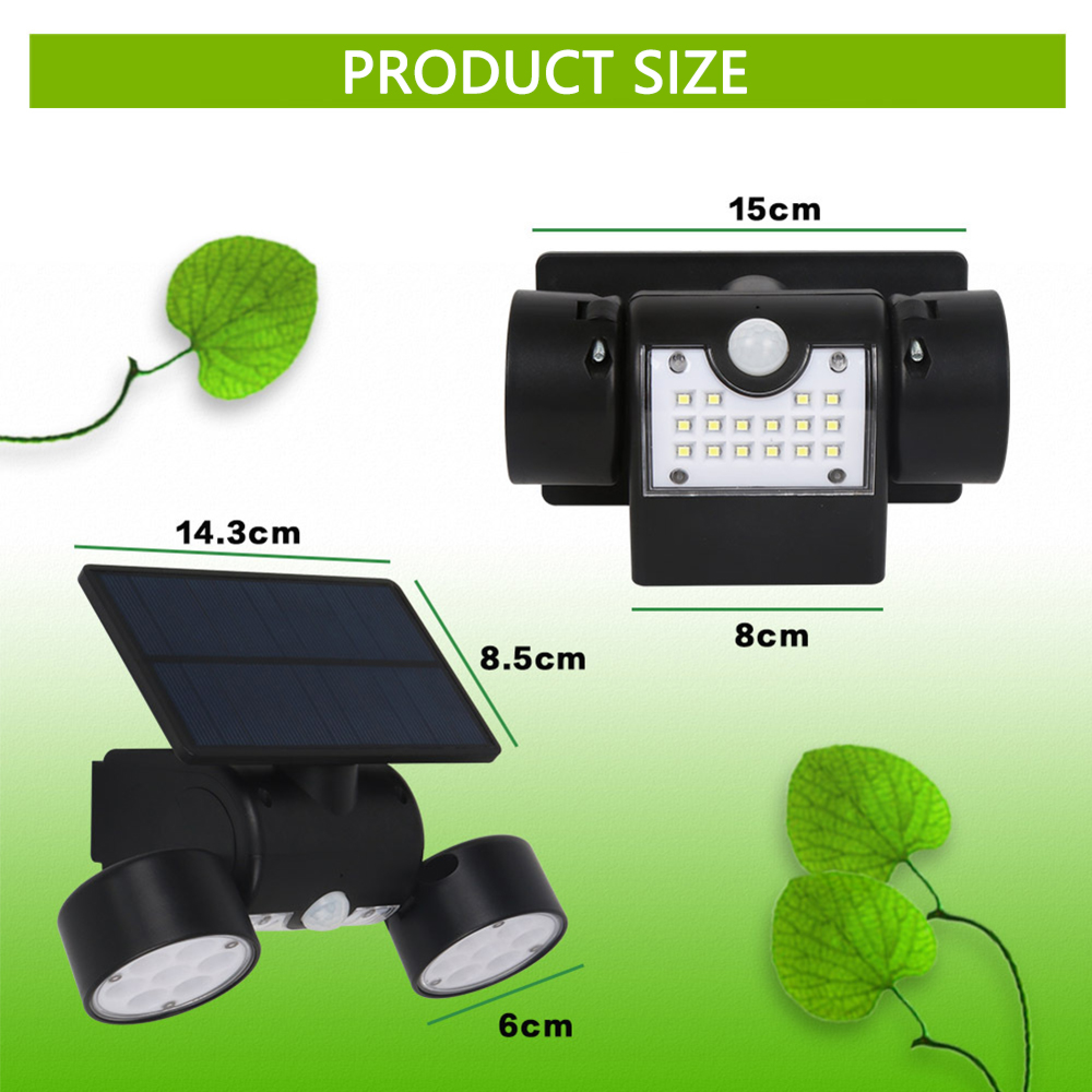 Schwarzlicht, Solarpanel und Maße auf grünem Hintergrund.