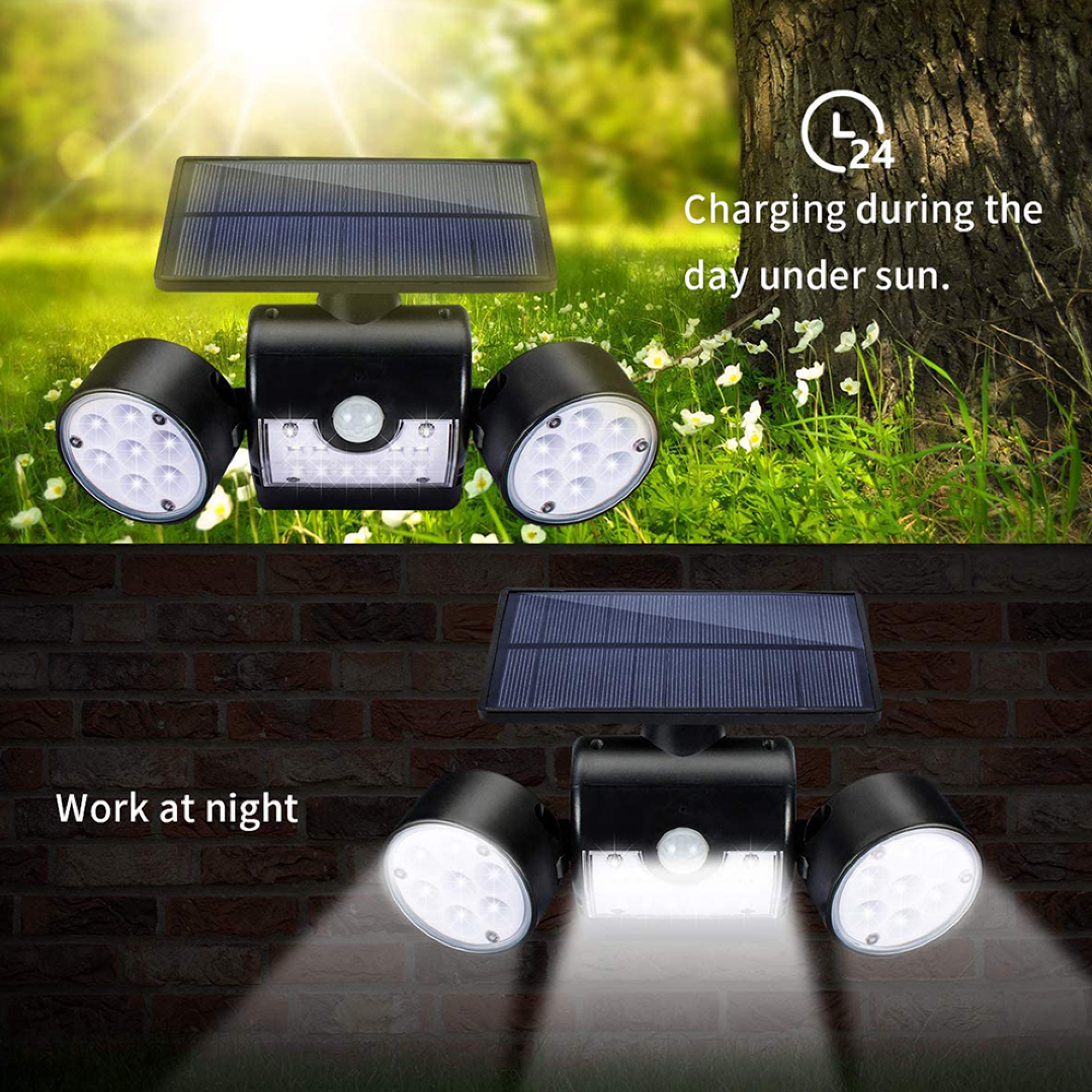 Solarbetriebene Leuchte mit zwei Köpfen, lädt bei Sonne und funktioniert nachts.
