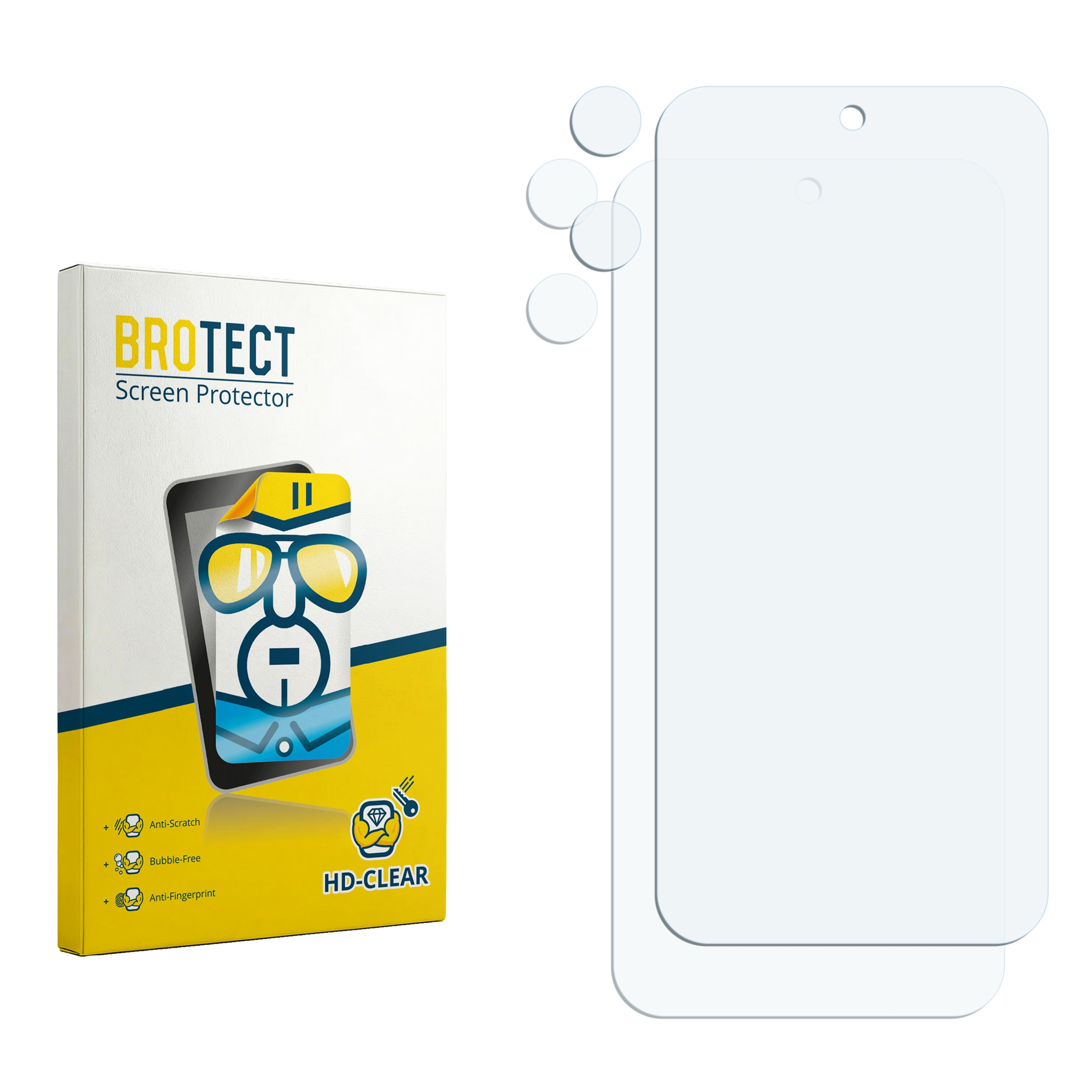 Eine Packung BROTECT Displayschutzfolien mit einem stilisierten Gesicht und zwei Schutzfolien.