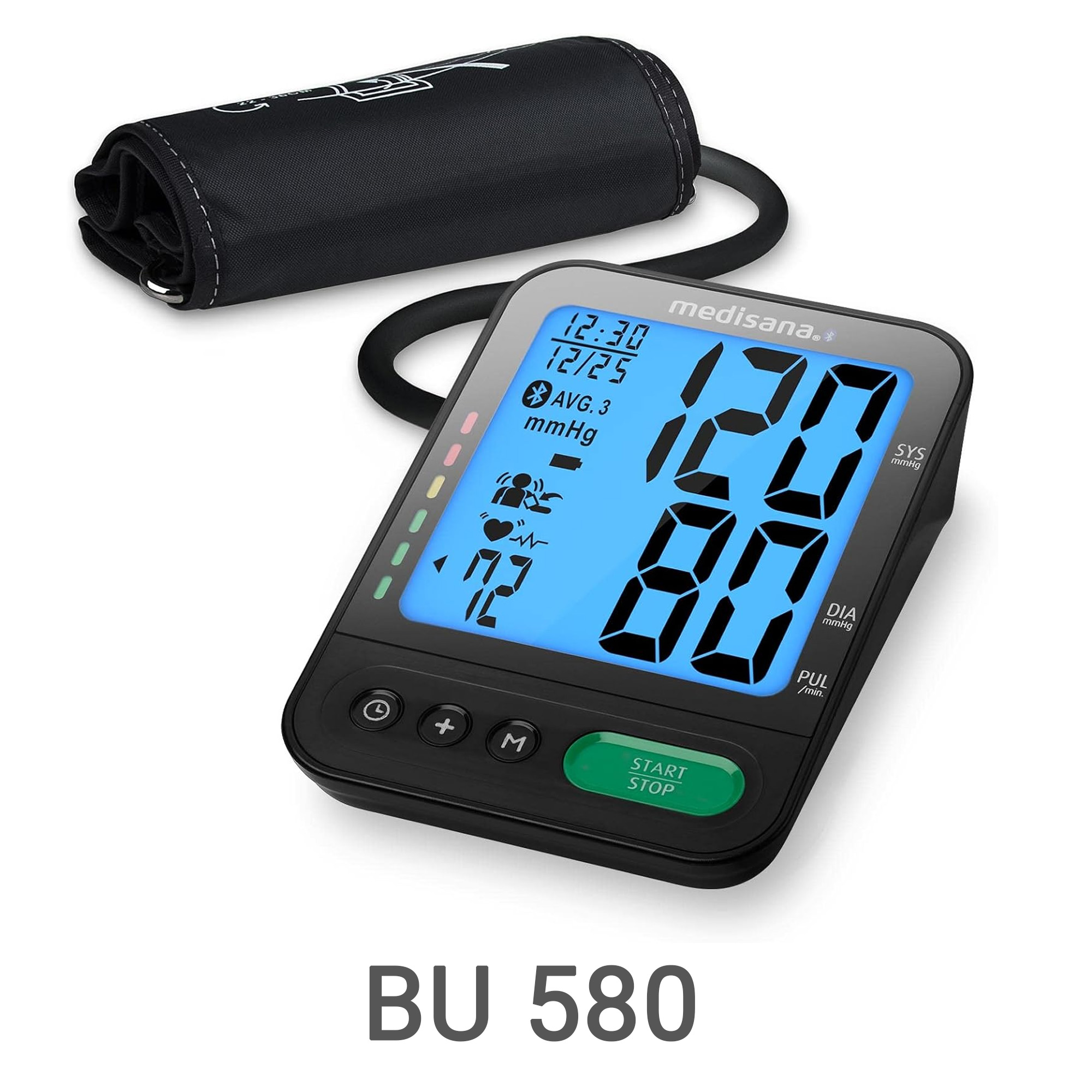 Un misuratore di pressione Medisana BU 580 con bracciale e schermo LCD blu.