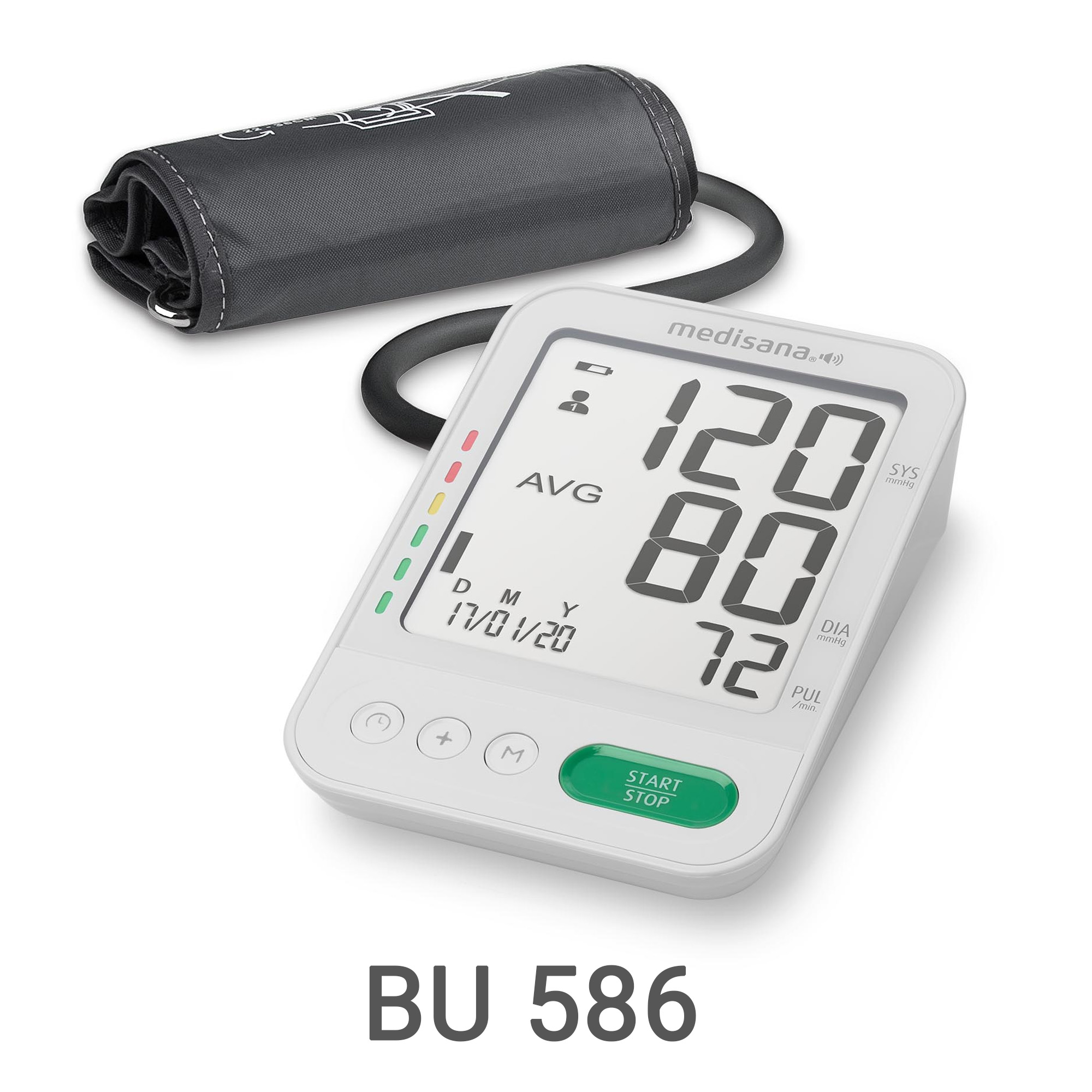 Un misuratore di pressione Medisana bianco con bracciale e display digitale.
