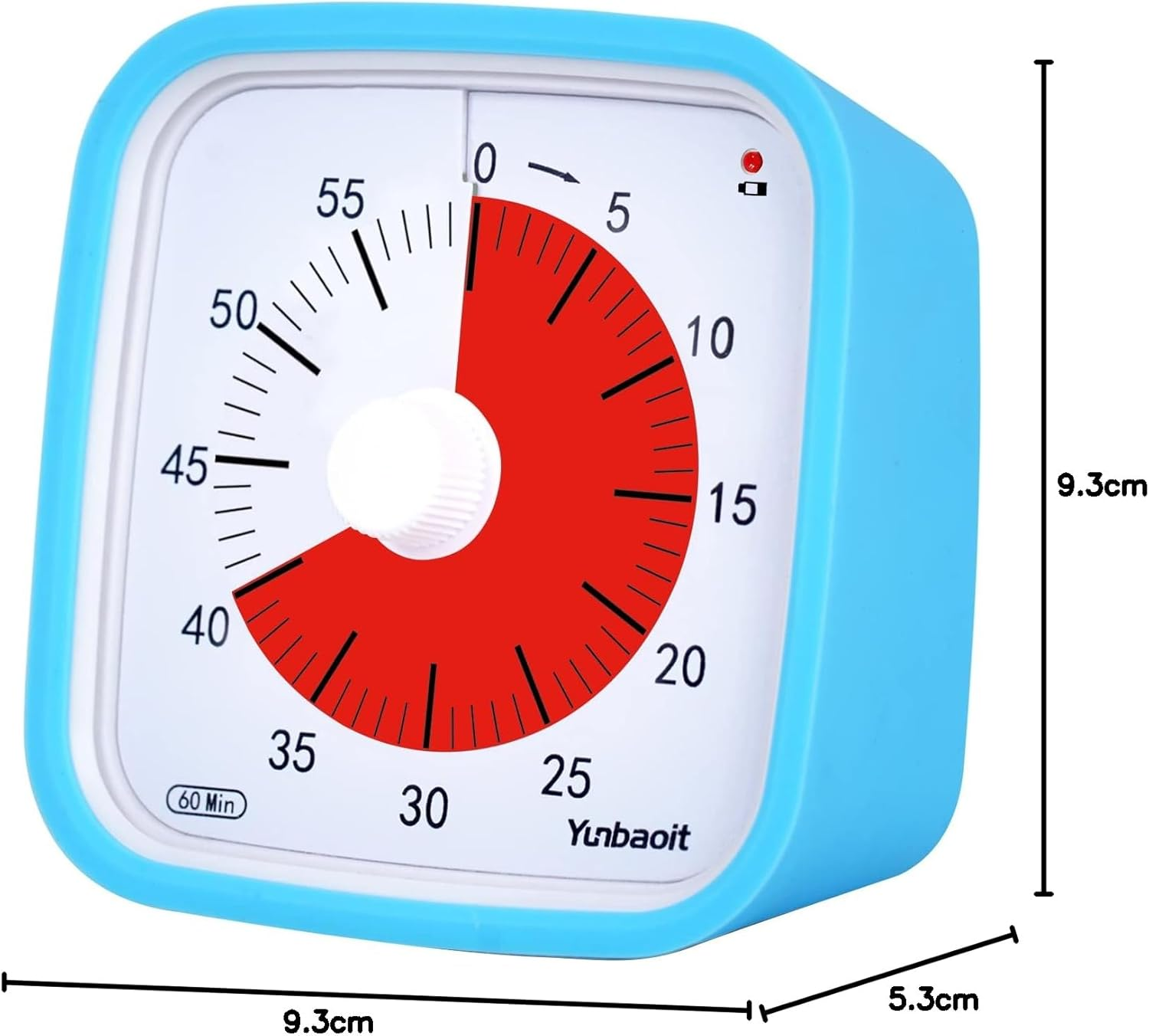 Ein blauer Timer mit rotem Zifferblatt und weißen Zahlen.