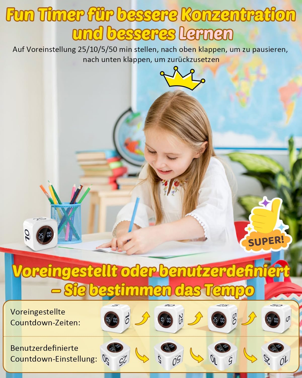 Ein Mädchen lernt mit einem lustigen Timer, der die Konzentration fördert.