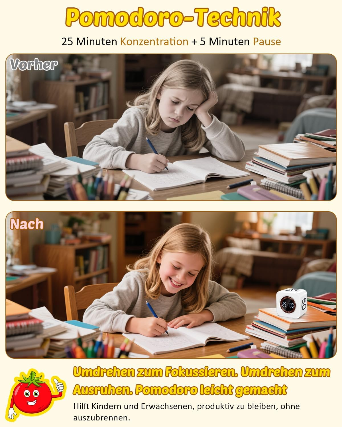 Mädchen lernt mit Pomodoro-Timer, einmal unglücklich, dann glücklich.
