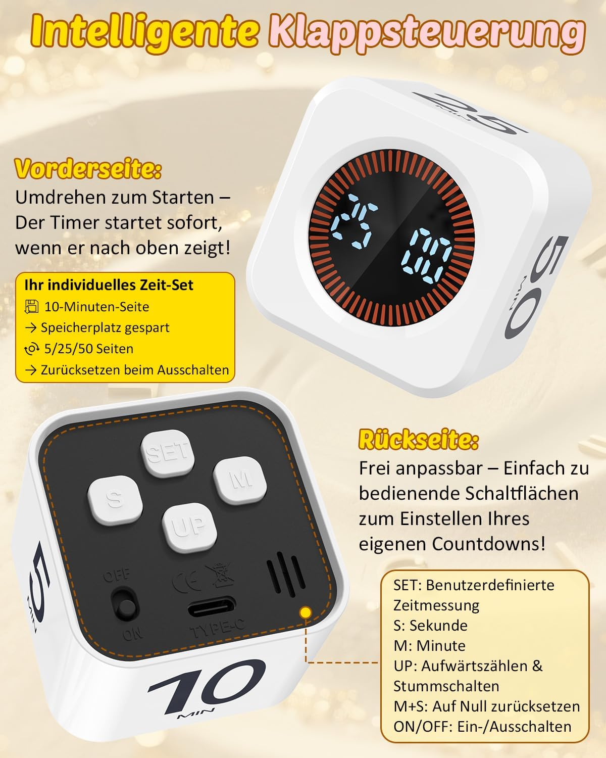 Ein weißer Würfel-Timer mit digitaler Anzeige und Bedienelementen auf der Rückseite.