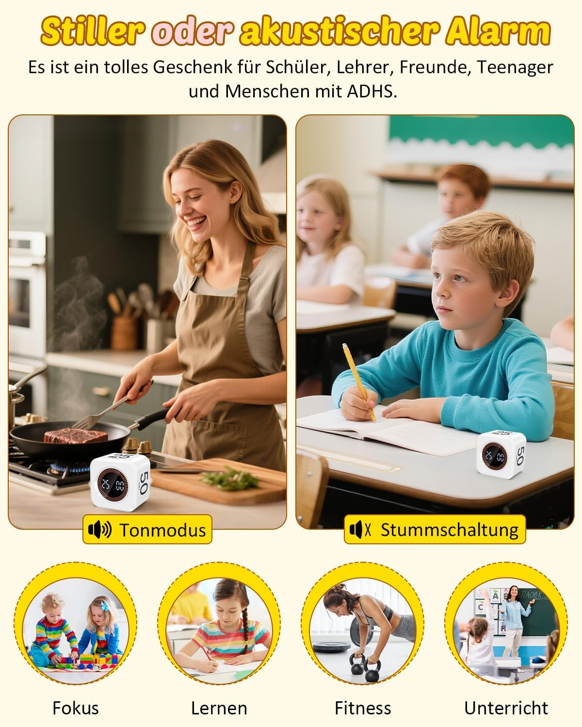 Collage zeigt Kochen, Klassenzimmer, Kinder, Fitness und Unterricht.