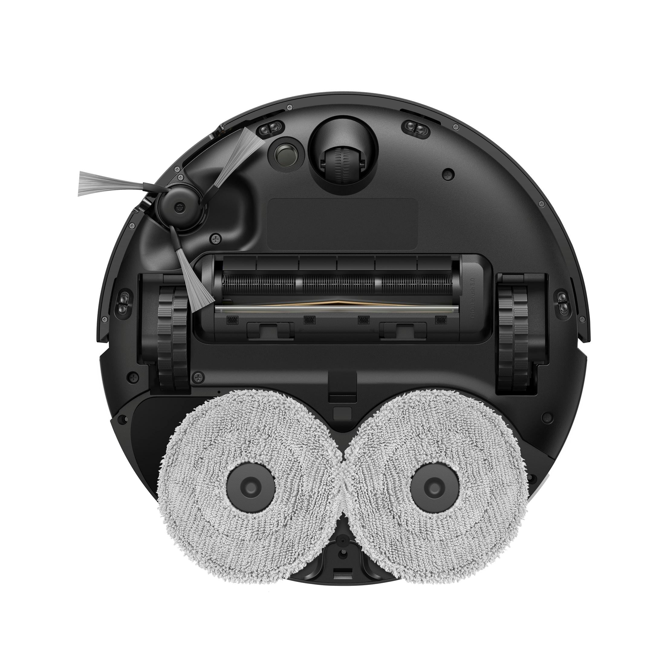 Parte inferiore di un robot aspirapolvere nero con spazzole rotanti e panni.