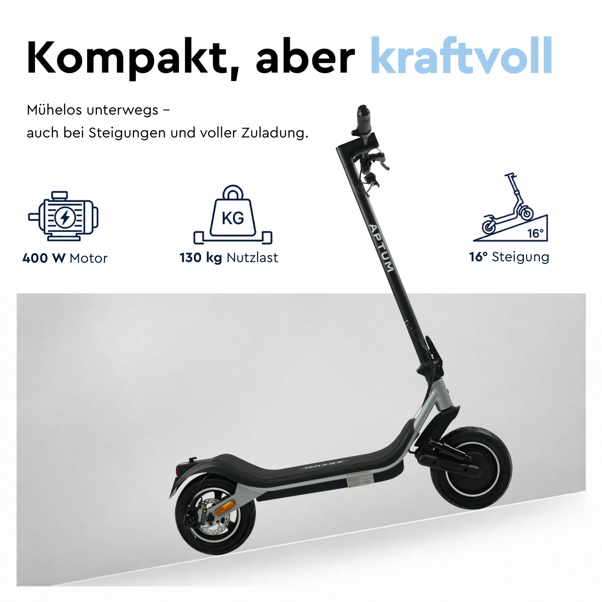 Schwarzer Elektroroller mit silbernen Akzenten, 400W Motor, 130kg Last, 16° Steigung.